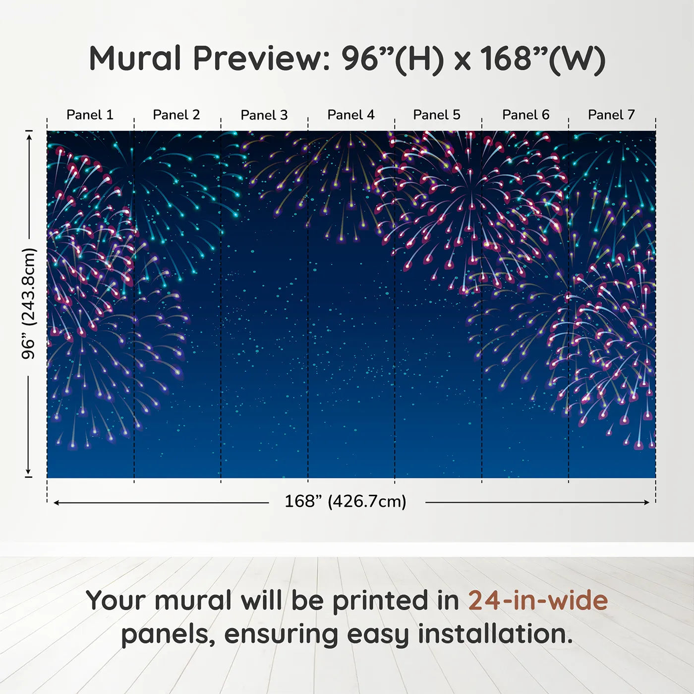 Whimsy Tots Night Sky Fireworks Wall Muraldimension view (96" H x 168" W). Printed in seven 24-inch-wide panels. Gender-Neutral