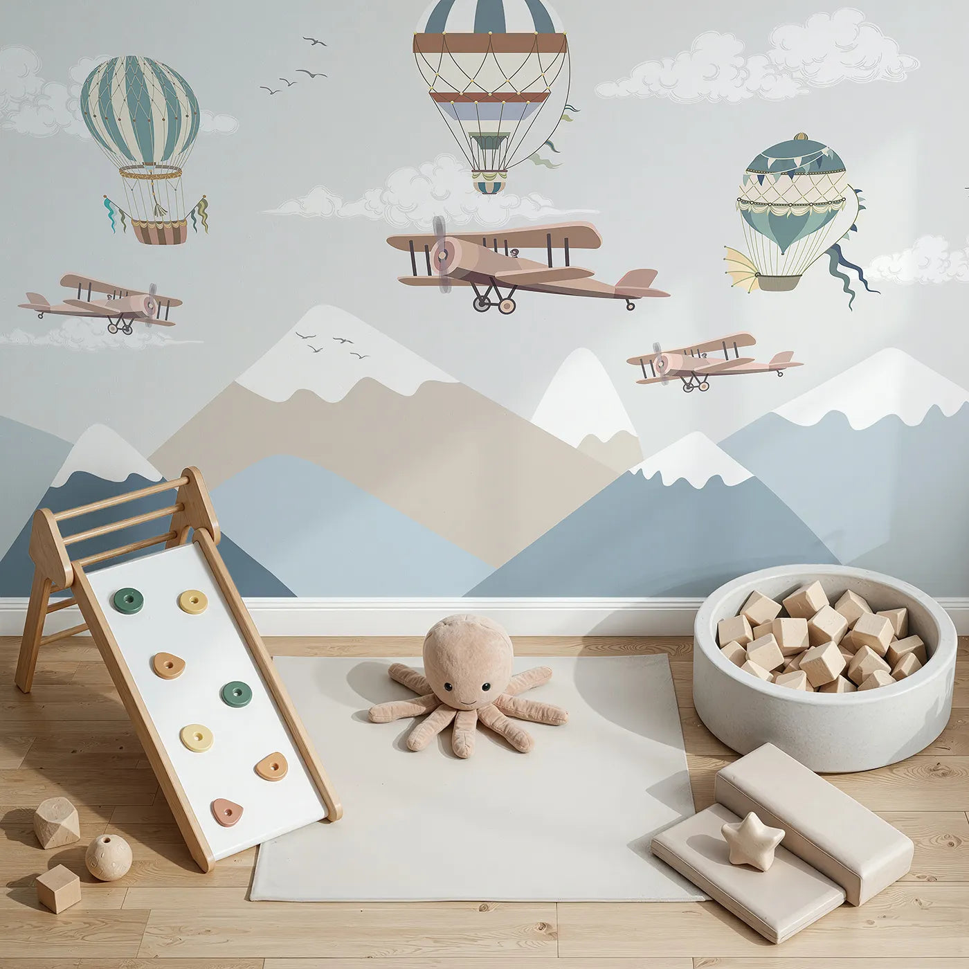 Top-down view of Whimsy Tots' Mountain Air Rally Wall Mural (Turn Their Room into a Whimsical, High-Flying Adventure).Gender-Neutral