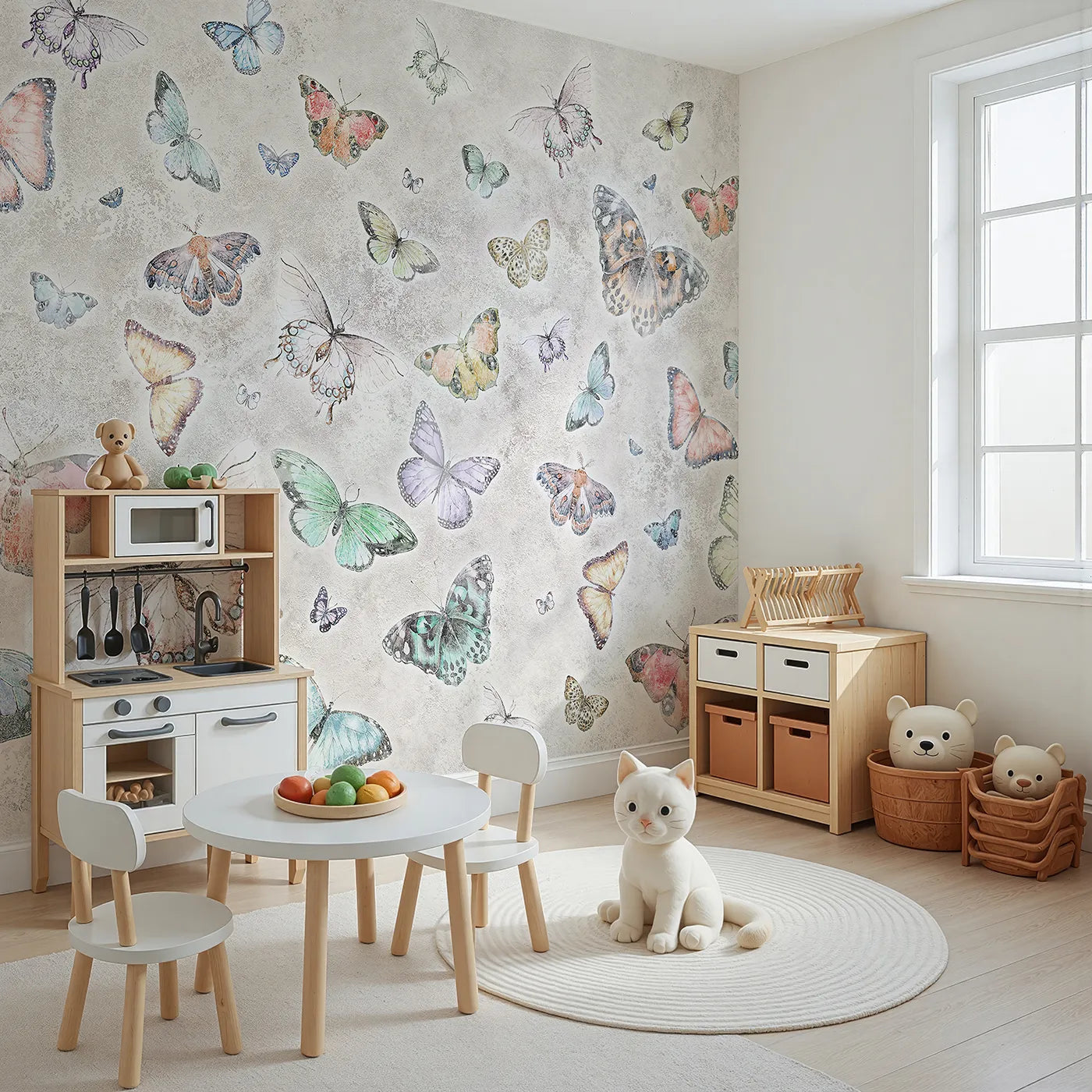 Angled view of Whimsy Tots' Butterfly Collage Wall Mural (Turn Their Room into a Sky of a Thousand Fluttering Wings).Gender-Neutral