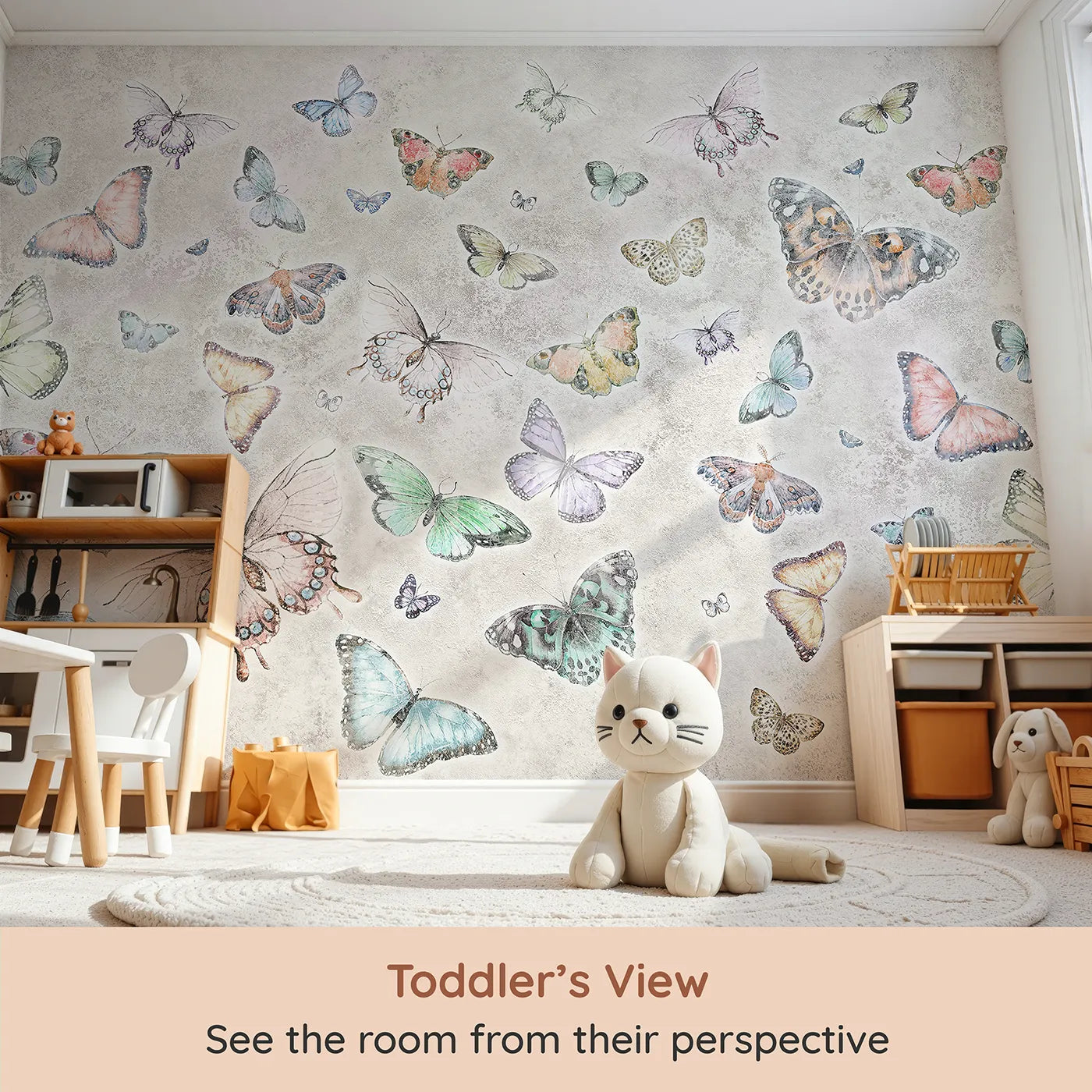 Whimsy Tots Butterfly Collage Wall Mural (Turn Their Room into a Sky of a Thousand Fluttering Wings) from your child's view.Gender-Neutral
