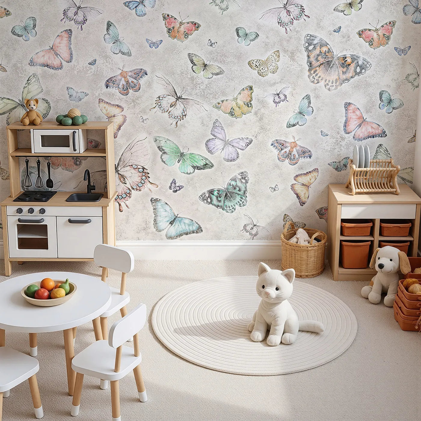 Top-down view of Whimsy Tots' Butterfly Collage Wall Mural (Turn Their Room into a Sky of a Thousand Fluttering Wings).Gender-Neutral