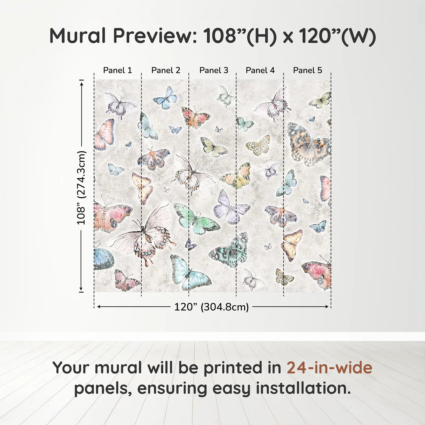 Whimsy Tots Butterfly Collage Wall Muraldimension view (108" H x 120" W). Printed in five 24-inch-wide panels. Gender-Neutral