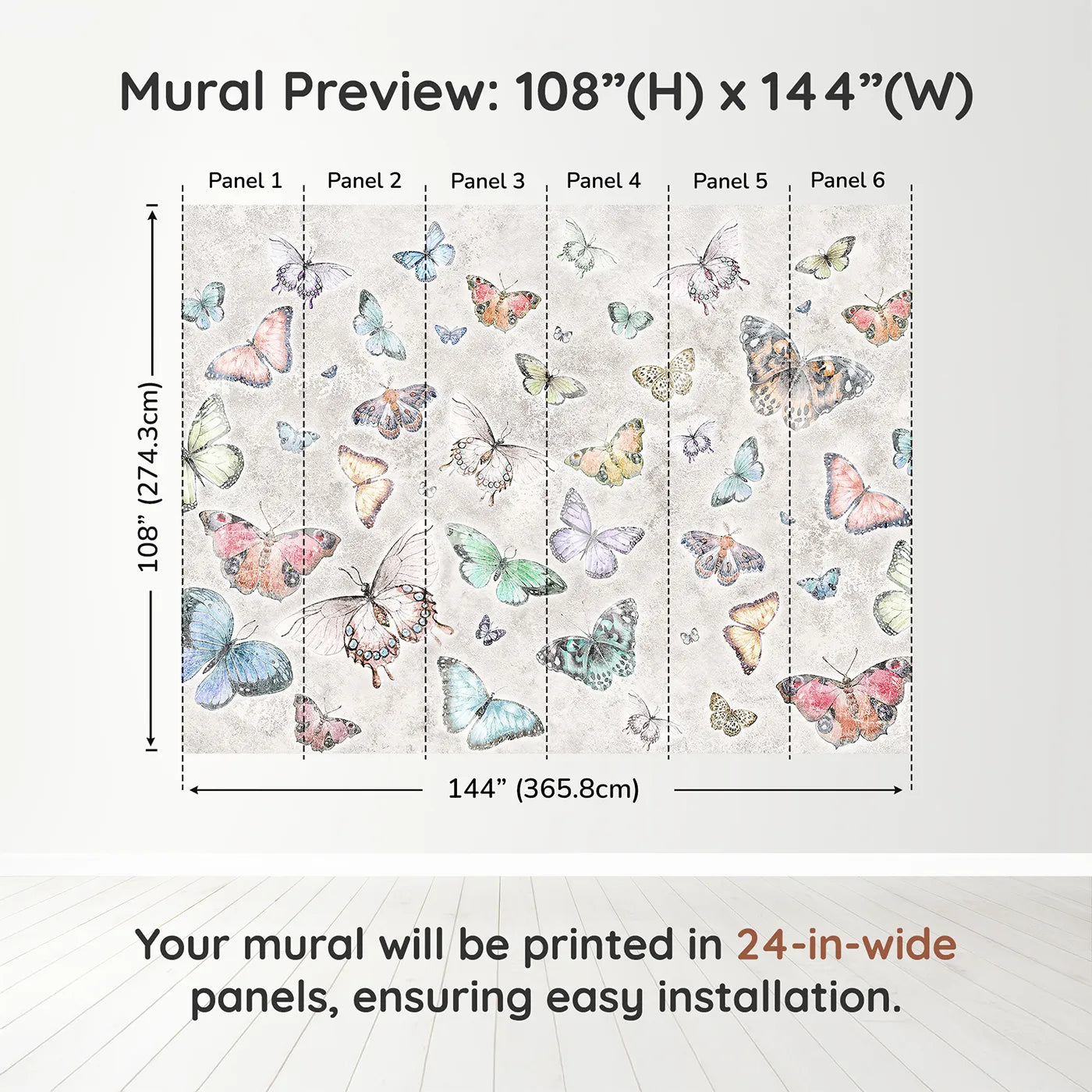 Whimsy Tots Butterfly Collage Wall Muraldimension view (108" H x 144" W). Printed in six 24-inch-wide panels. Gender-Neutral