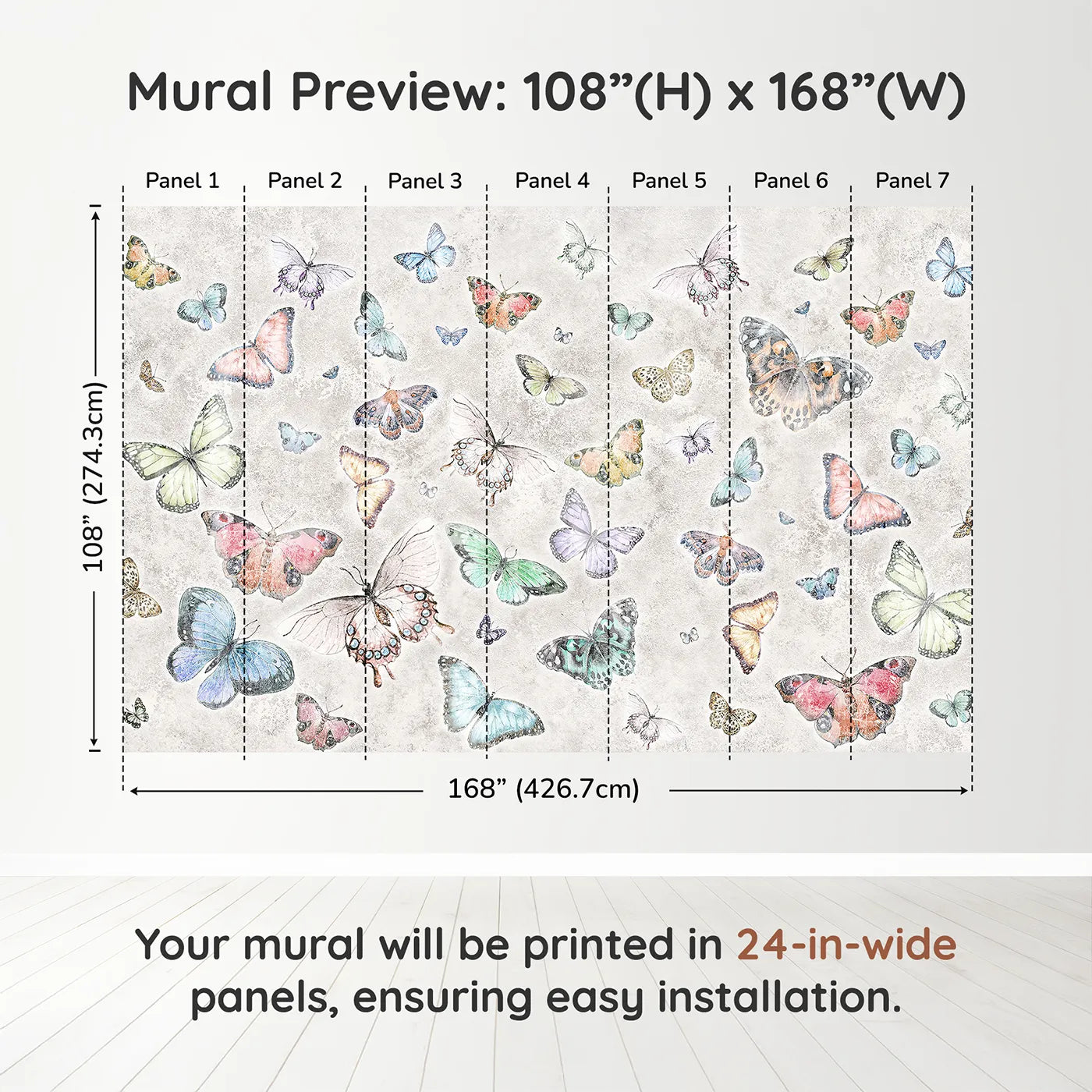 Whimsy Tots Butterfly Collage Wall Muraldimension view (108" H x 168" W). Printed in seven 24-inch-wide panels. Gender-Neutral