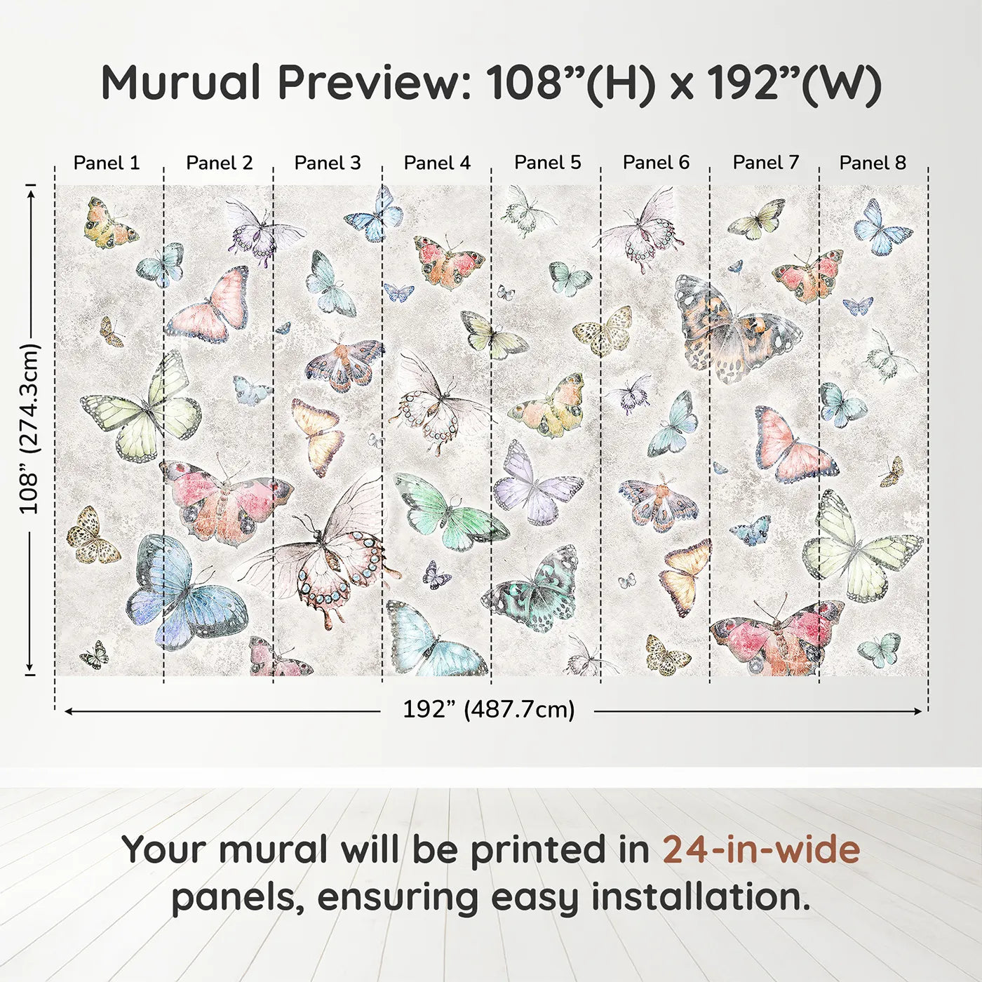 Whimsy Tots Butterfly Collage Wall Muraldimension view (108" H x 192" W). Printed in eight 24-inch-wide panels. Gender-Neutral