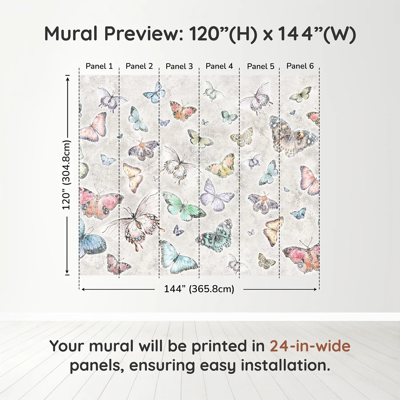 Whimsy Tots Butterfly Collage Wall Muraldimension view (120" H x 144" W). Printed in six 24-inch-wide panels. Gender-Neutral