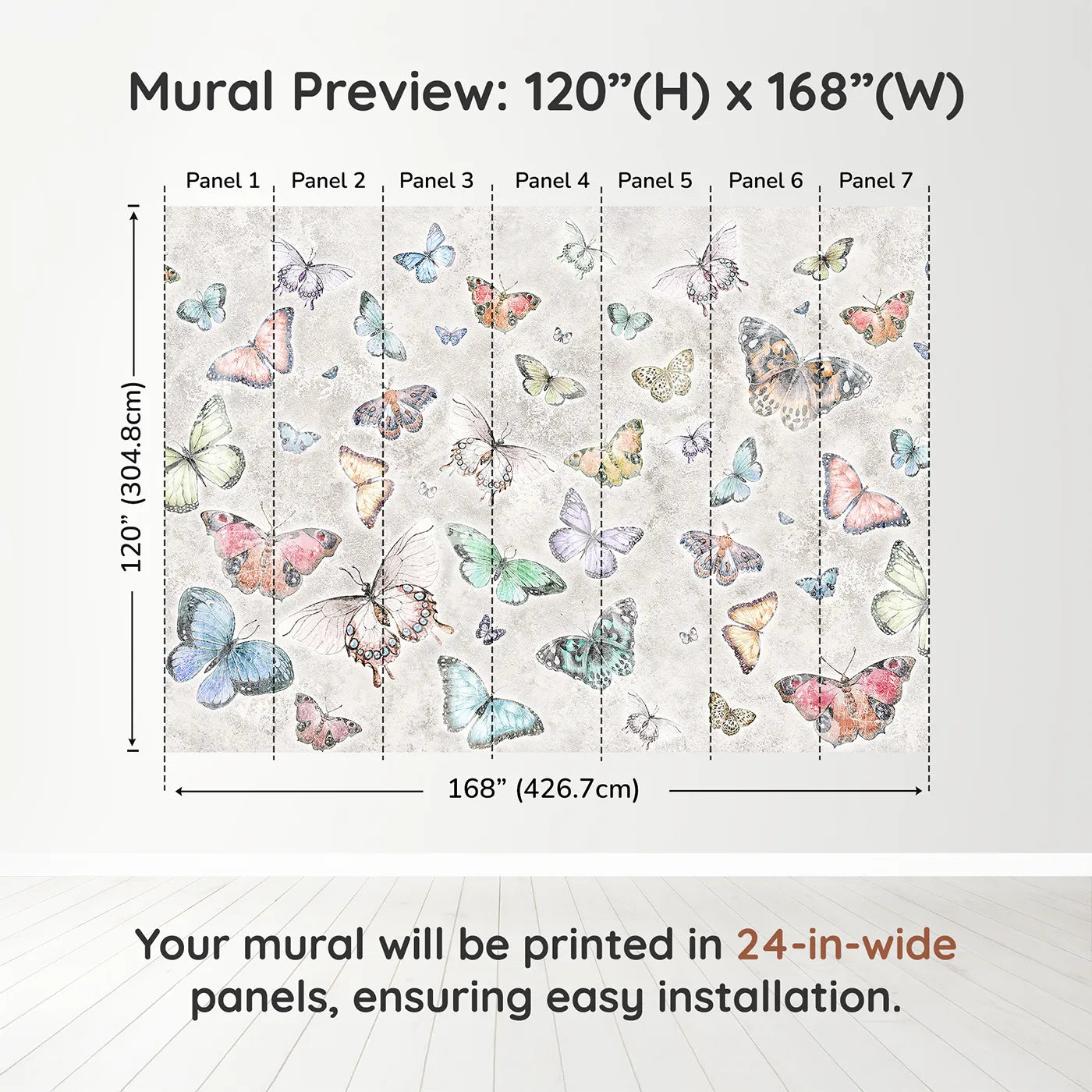 Whimsy Tots Butterfly Collage Wall Muraldimension view (120" H x 168" W). Printed in seven 24-inch-wide panels. Gender-Neutral