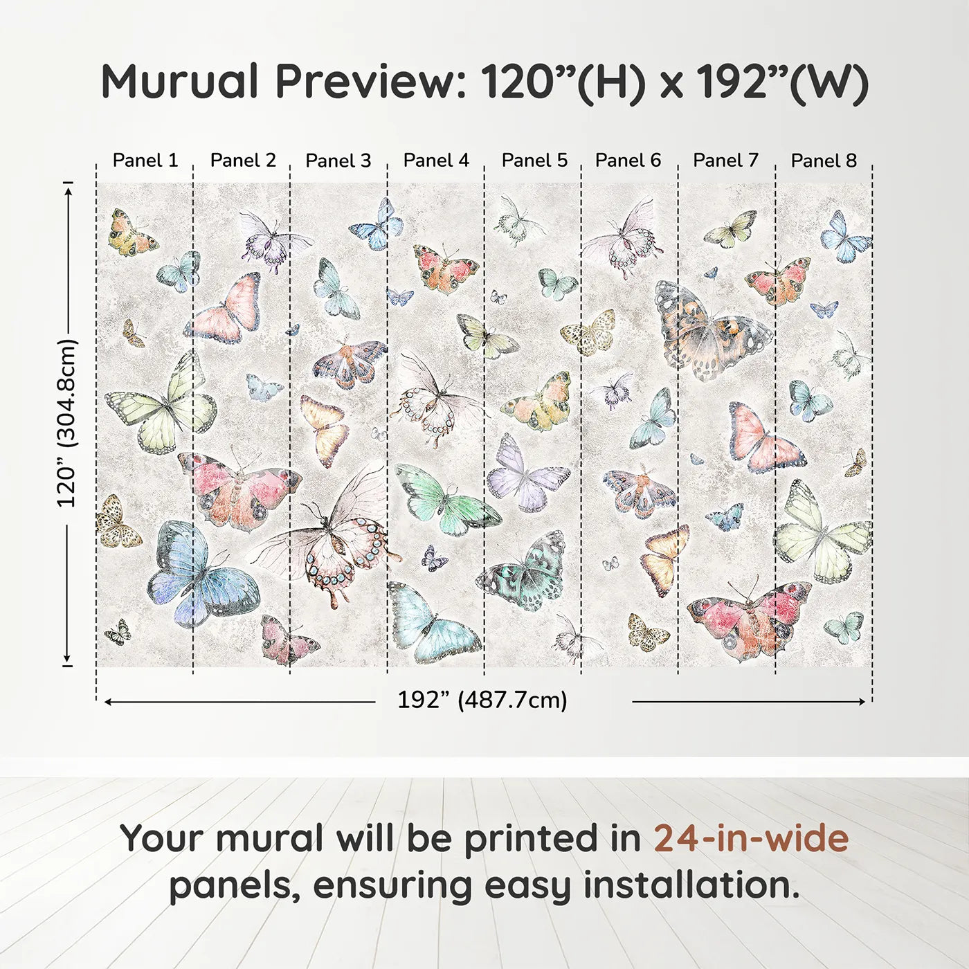 Whimsy Tots Butterfly Collage Wall Muraldimension view (120" H x 192" W). Printed in eight 24-inch-wide panels. Gender-Neutral