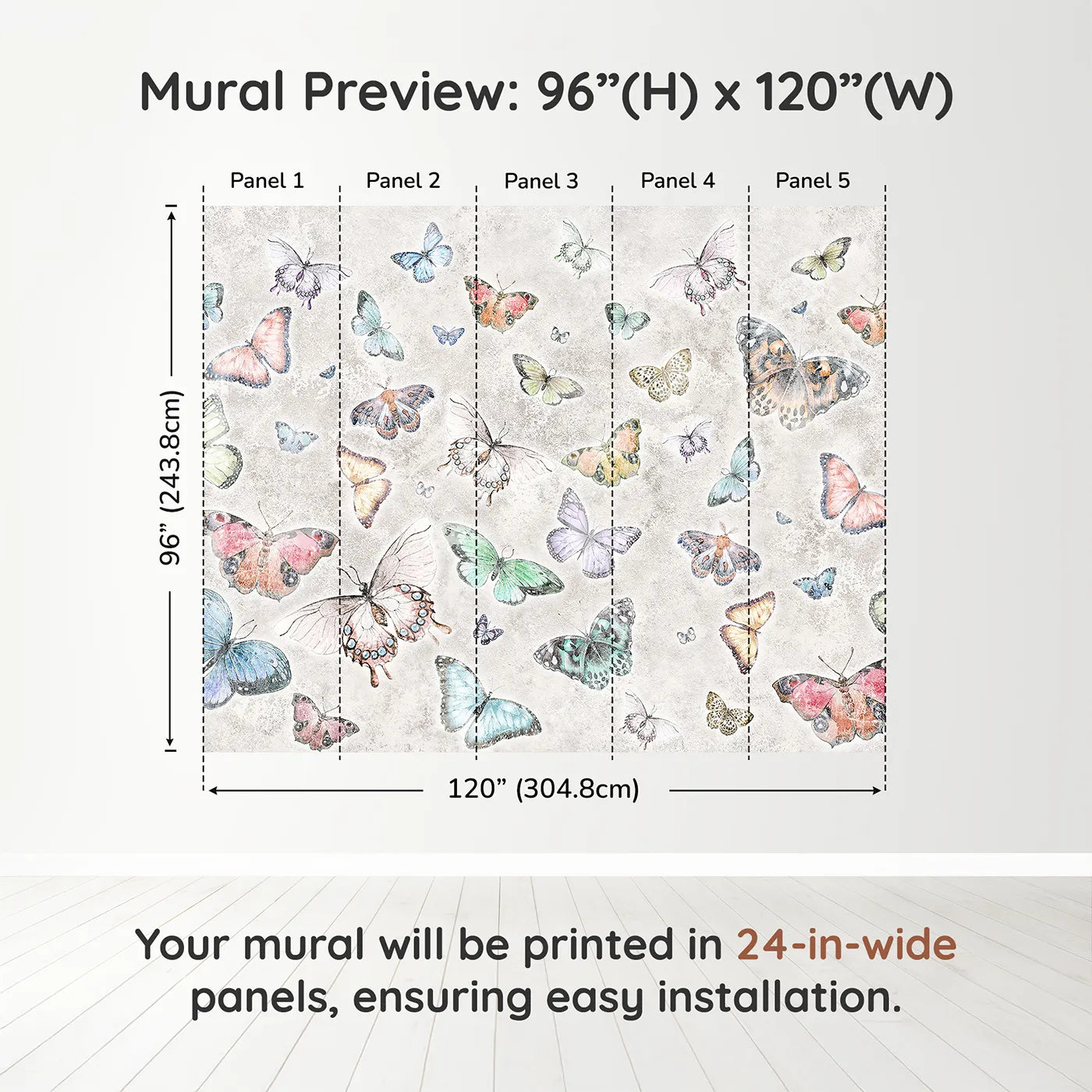 Whimsy Tots Butterfly Collage Wall Muraldimension view (96" H x 120" W). Printed in five 24-inch-wide panels. Gender-Neutral