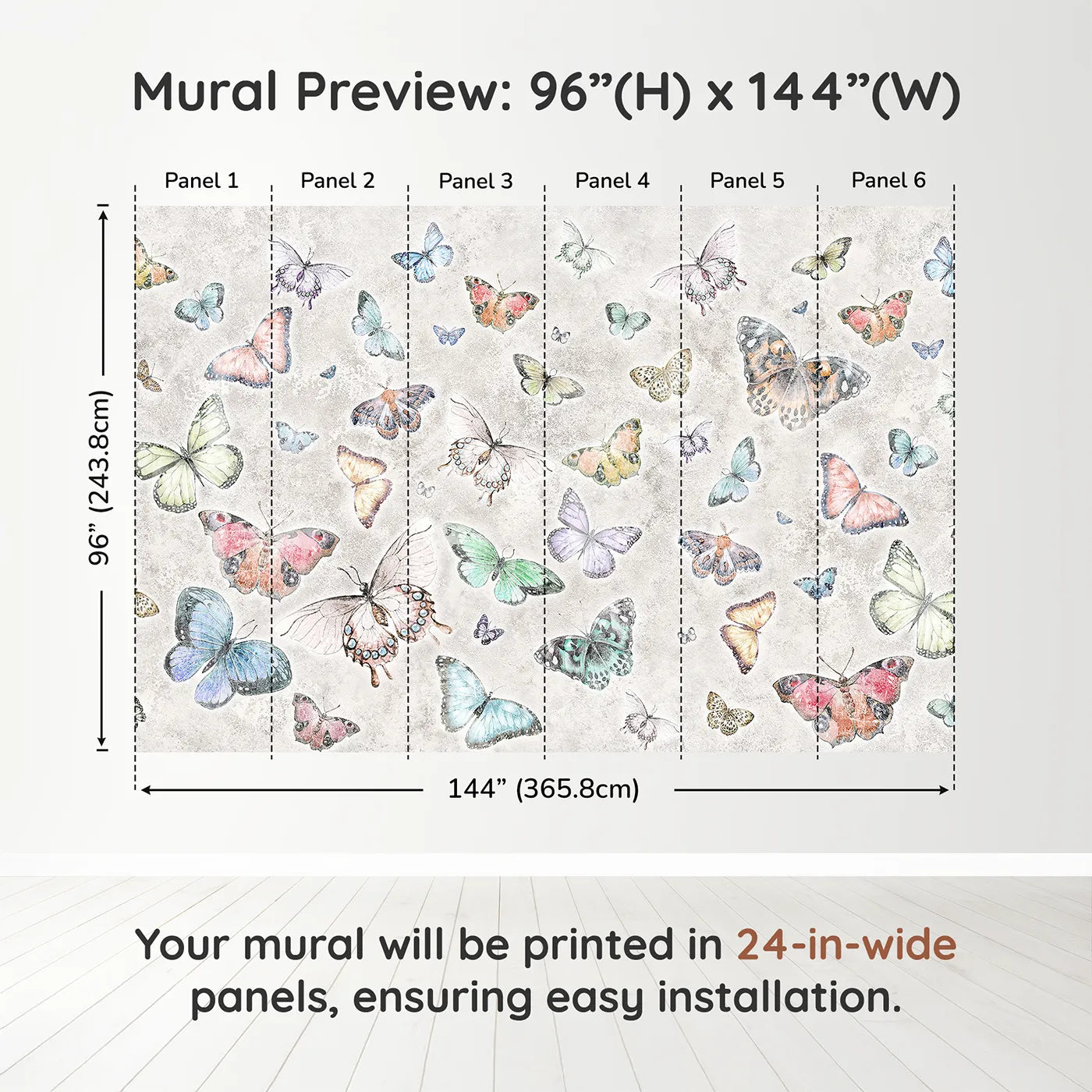 Whimsy Tots Butterfly Collage Wall Muraldimension view (96" H x 144" W). Printed in six 24-inch-wide panels. Gender-Neutral