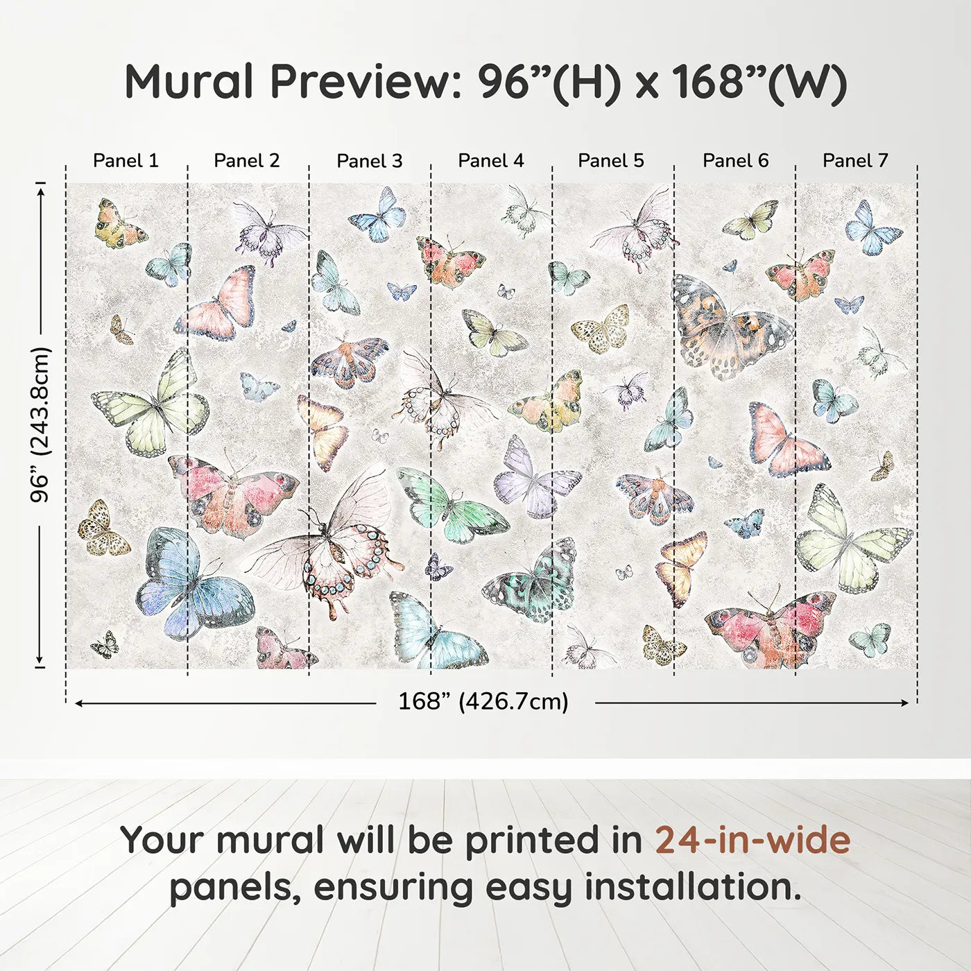 Whimsy Tots Butterfly Collage Wall Muraldimension view (96" H x 168" W). Printed in seven 24-inch-wide panels. Gender-Neutral