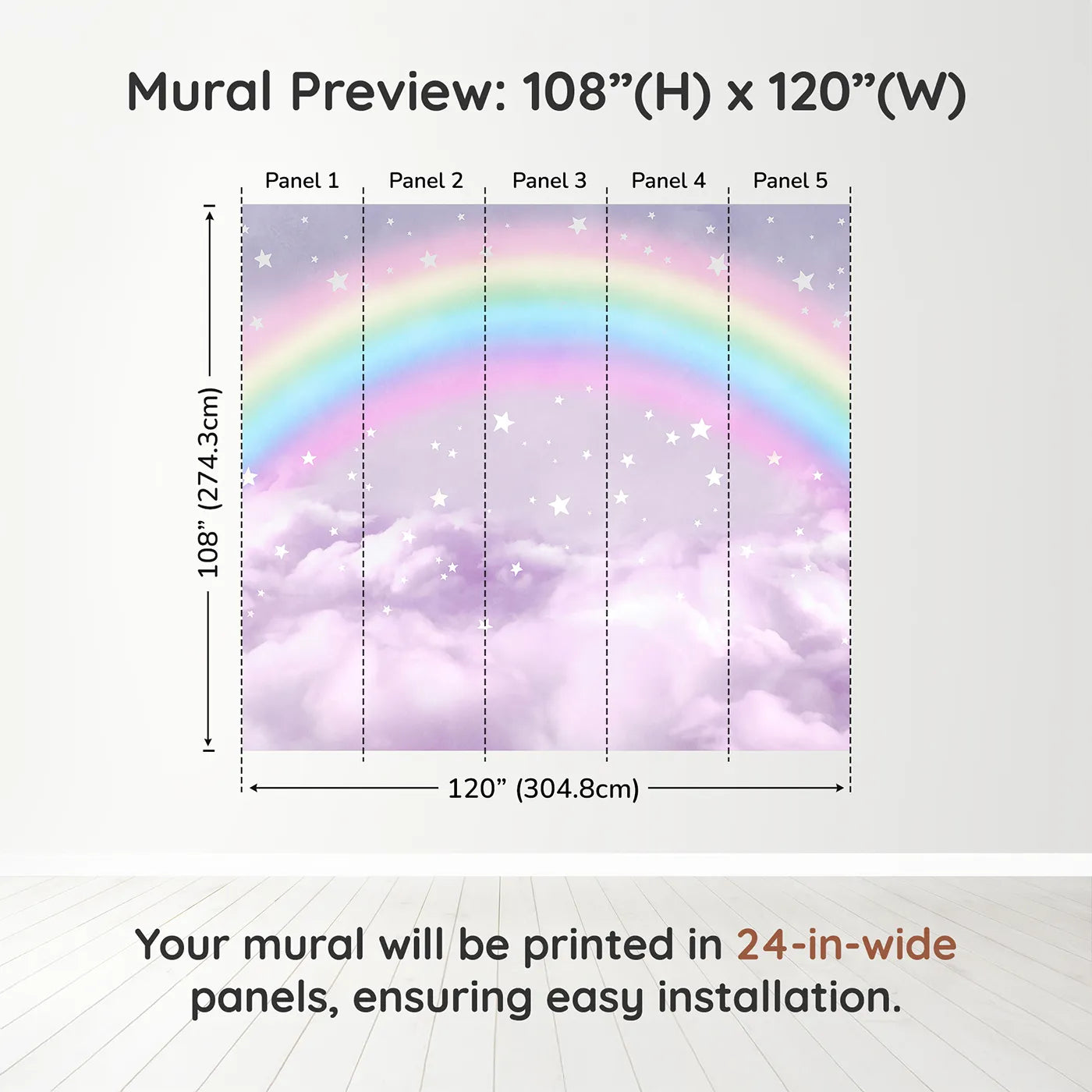 Whimsy Tots Pastel Rainbow Clouds Wall Muraldimension view (108" H x 120" W). Printed in five 24-inch-wide panels. Gender-Neutral