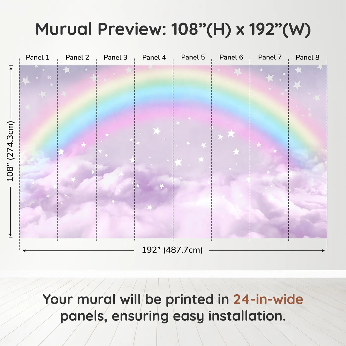 Whimsy Tots Pastel Rainbow Clouds Wall Muraldimension view (108" H x 192" W). Printed in eight 24-inch-wide panels. Gender-Neutral