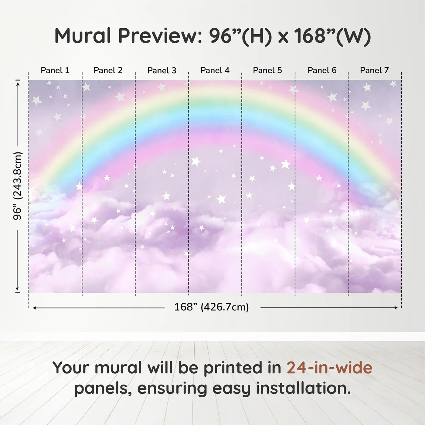 Whimsy Tots Pastel Rainbow Clouds Wall Muraldimension view (96" H x 168" W). Printed in seven 24-inch-wide panels. Gender-Neutral