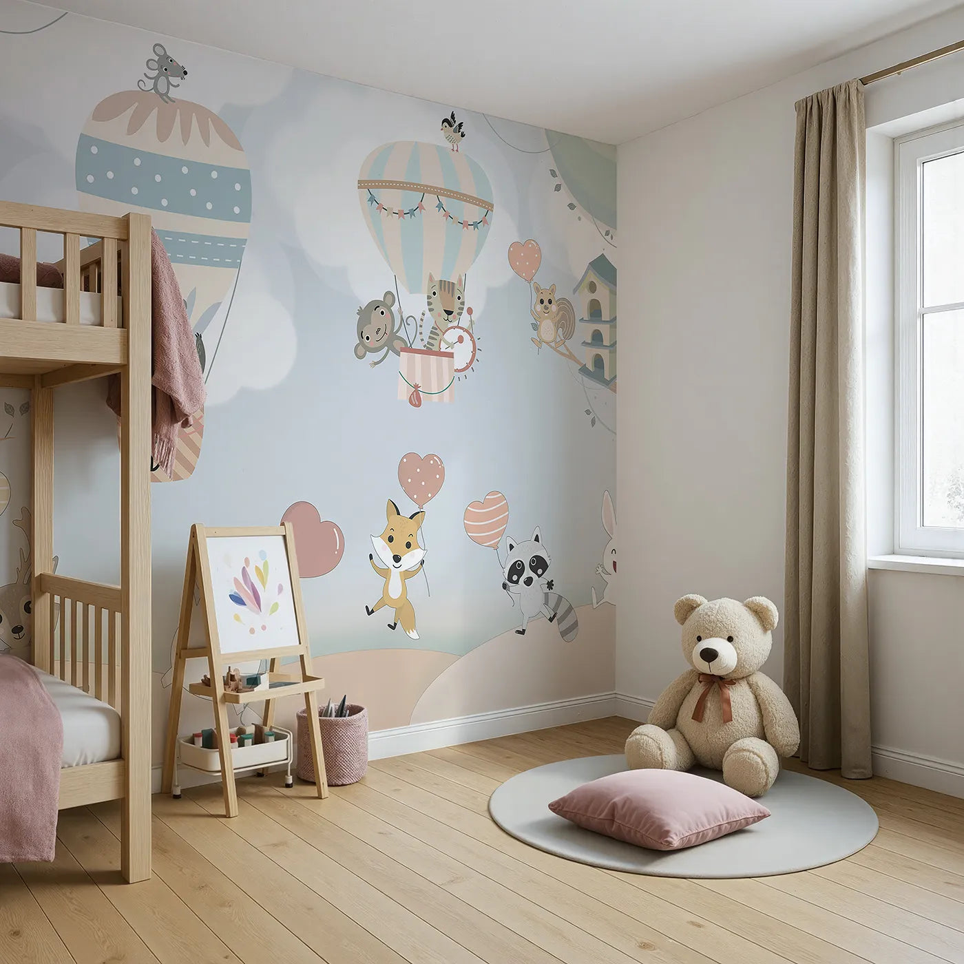 Angled view of Whimsy Tots' Animal Balloon Party Wall Mural (Turn Their Room into the Sweetest, Most Whimsical Celebration).Gender-Neutral