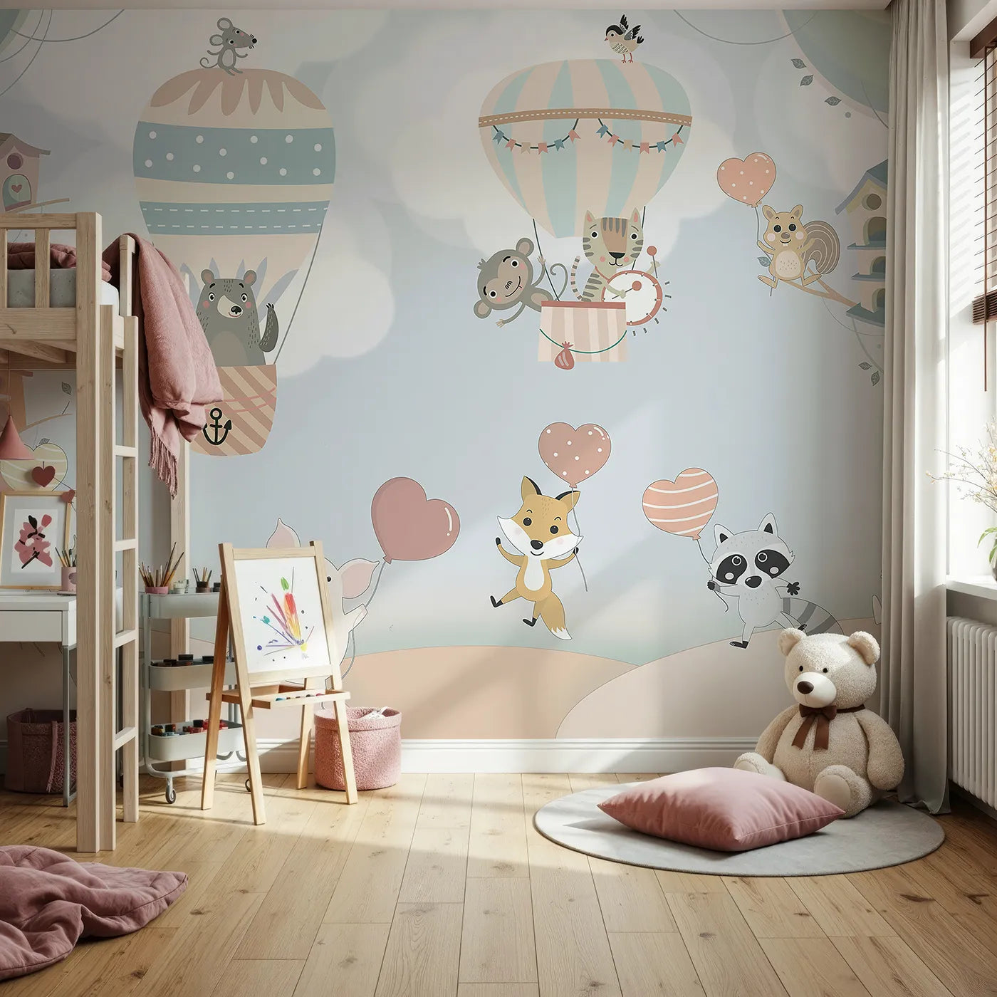 Front view of Whimsy Tots' Animal Balloon Party Wall Mural