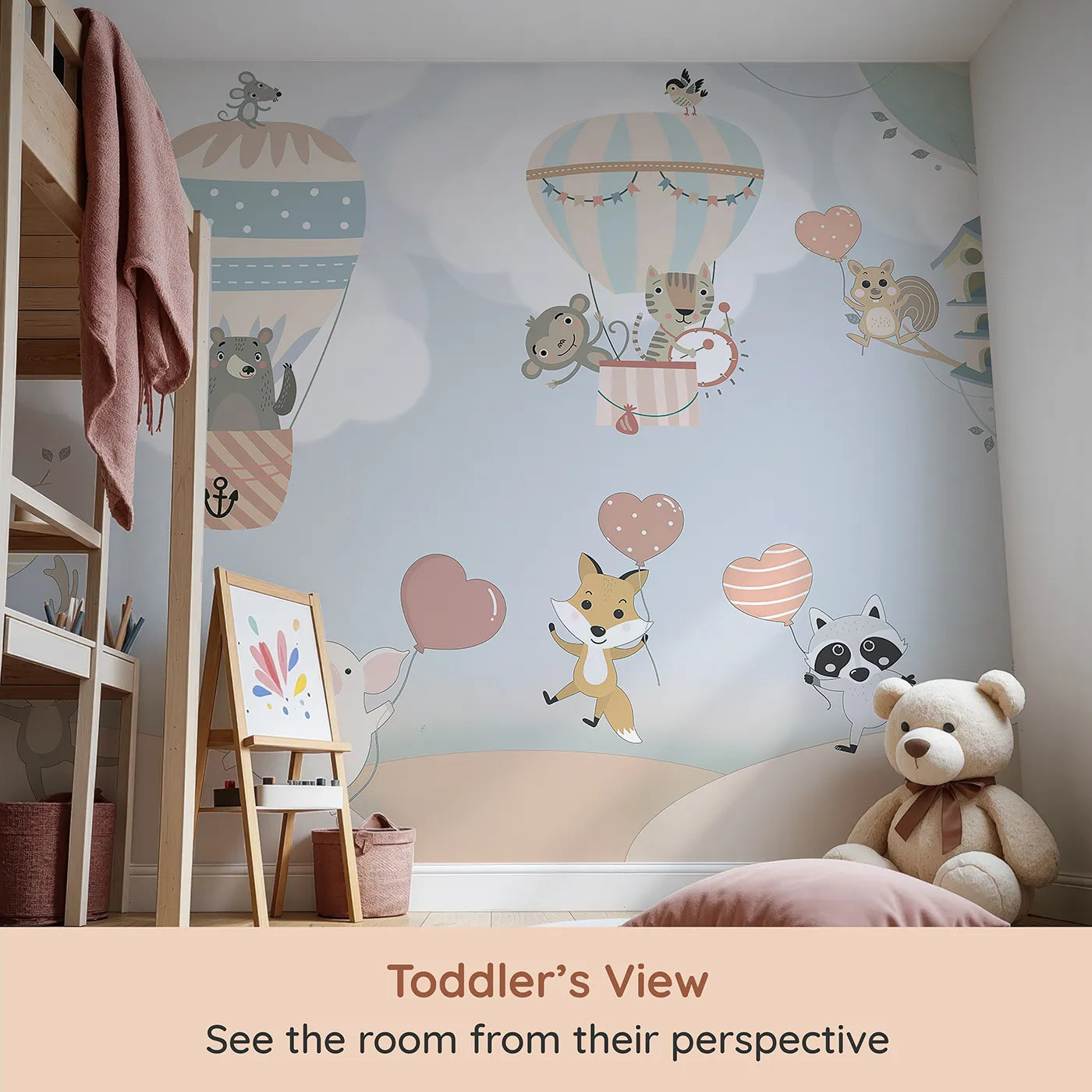 Whimsy Tots Animal Balloon Party Wall Mural (Turn Their Room into the Sweetest, Most Whimsical Celebration) from your child's view.Gender-Neutral