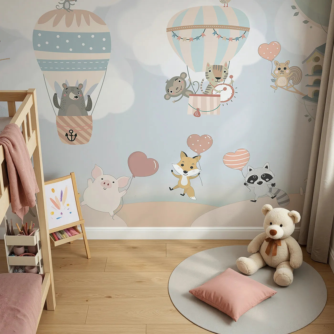 Top-down view of Whimsy Tots' Animal Balloon Party Wall Mural (Turn Their Room into the Sweetest, Most Whimsical Celebration).Gender-Neutral