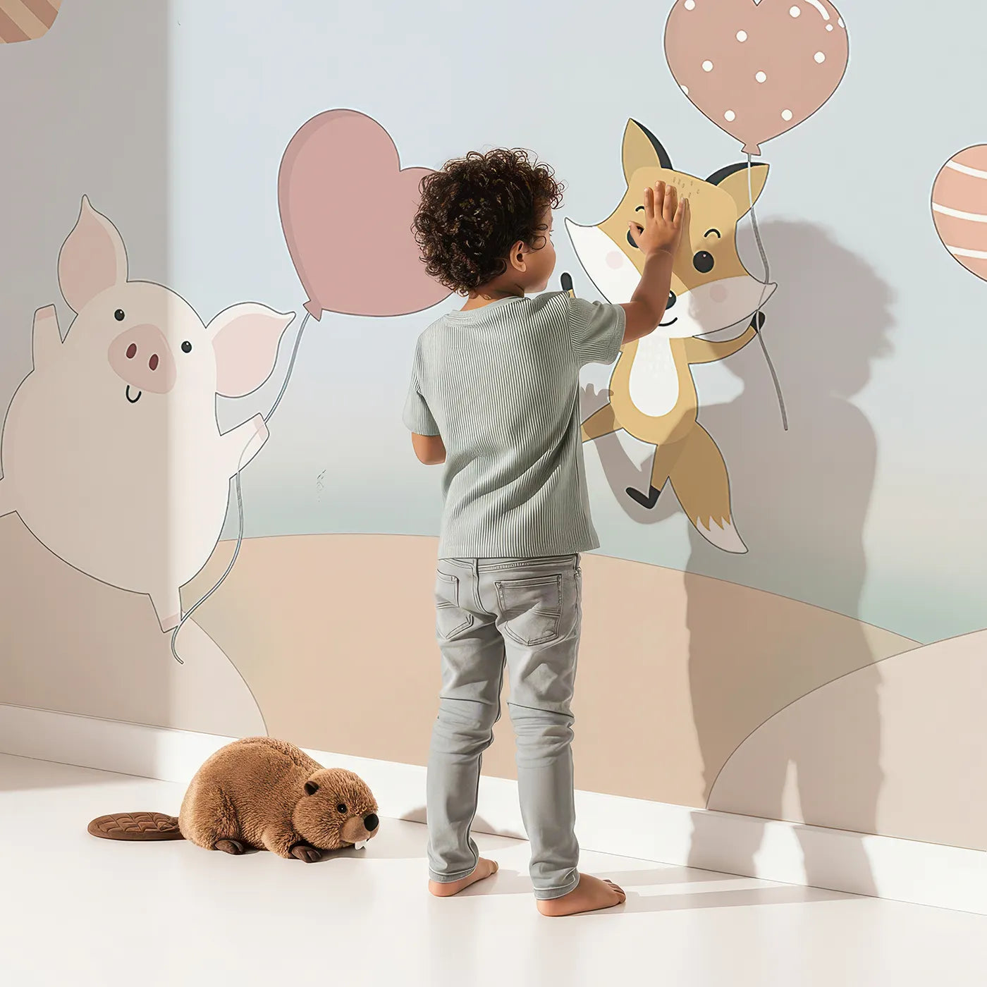 Child in front of Whimsy Tots Animal Balloon Party Wall Mural with animal, cute, balloon, whimsical, woodland, safari, party, heart in design.
