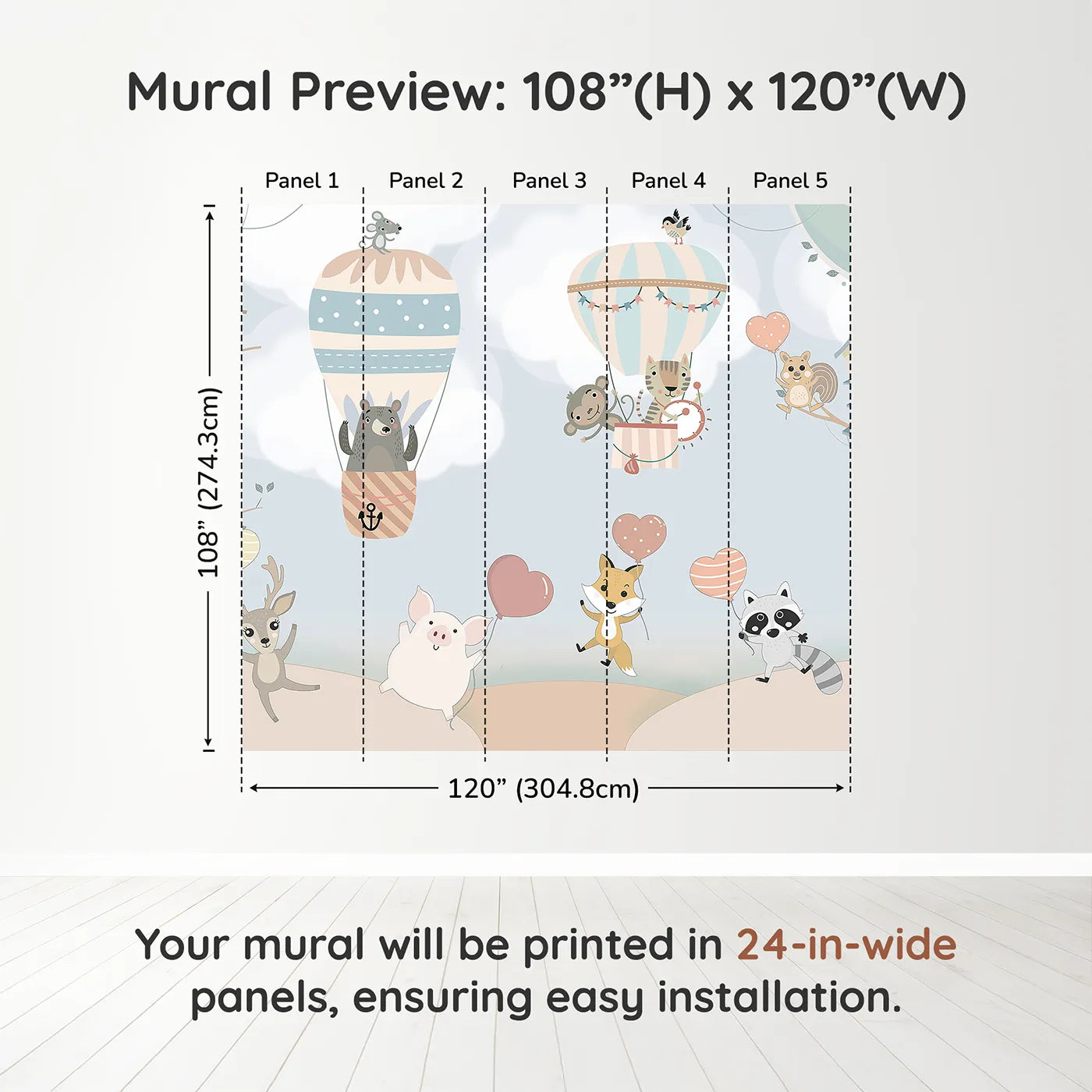 Whimsy Tots Animal Balloon Party Wall Muraldimension view (108" H x 120" W). Printed in five 24-inch-wide panels. Gender-Neutral