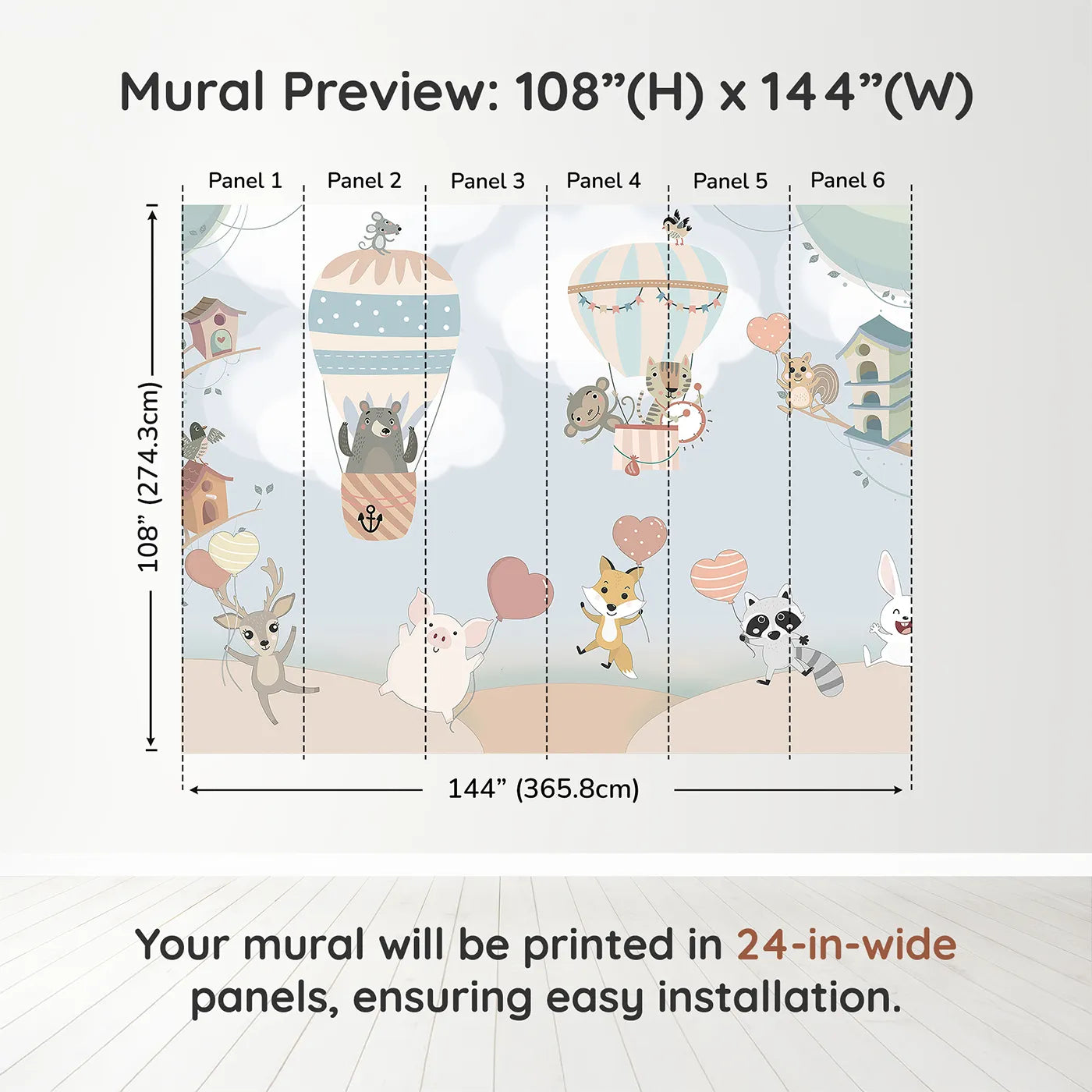 Whimsy Tots Animal Balloon Party Wall Muraldimension view (108" H x 144" W). Printed in six 24-inch-wide panels. Gender-Neutral