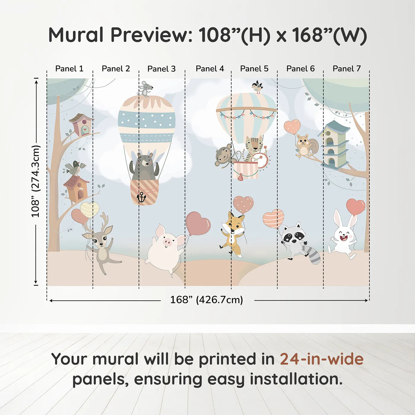 Whimsy Tots Animal Balloon Party Wall Muraldimension view (108" H x 168" W). Printed in seven 24-inch-wide panels. Gender-Neutral