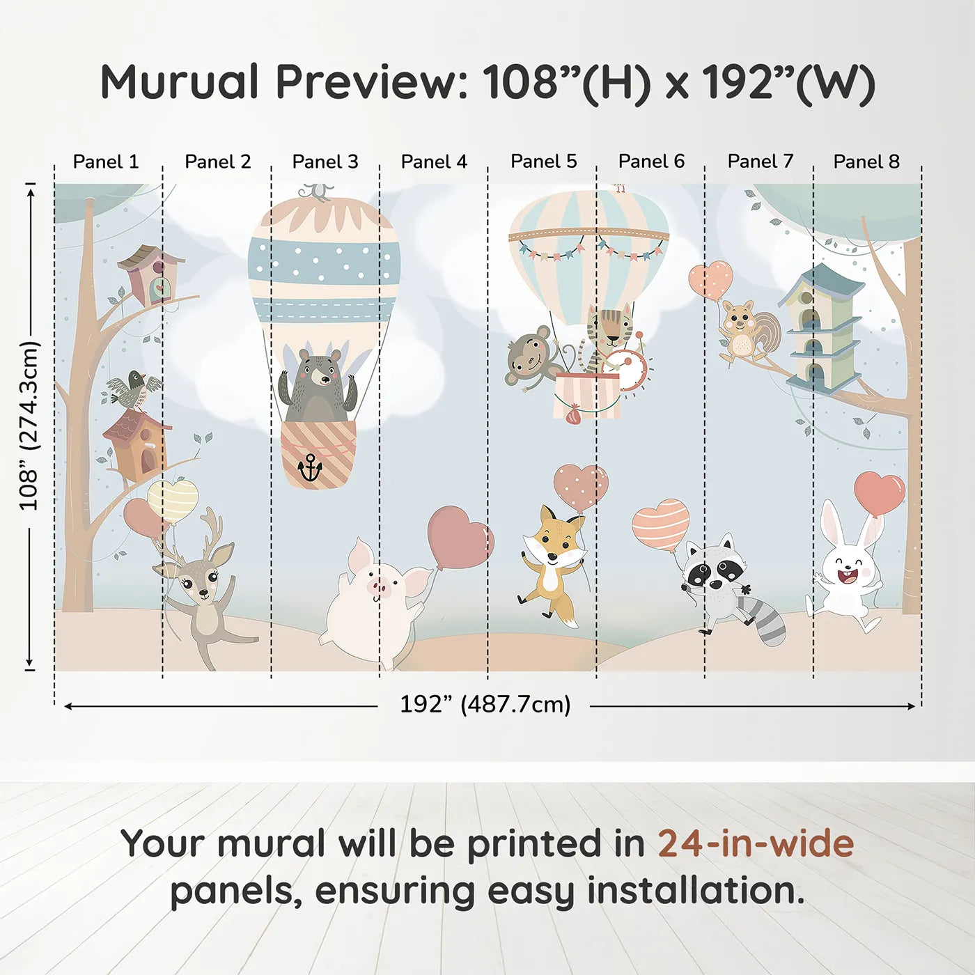 Whimsy Tots Animal Balloon Party Wall Muraldimension view (108" H x 192" W). Printed in eight 24-inch-wide panels. Gender-Neutral