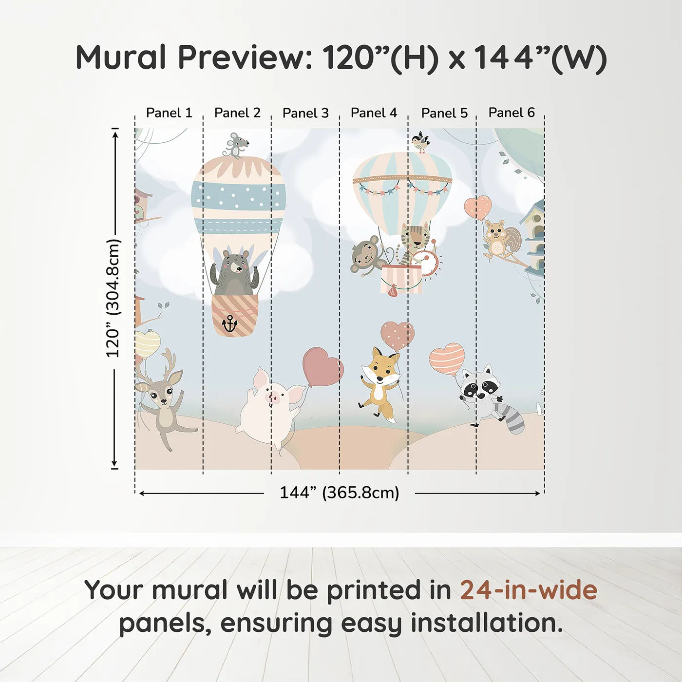 Whimsy Tots Animal Balloon Party Wall Muraldimension view (120" H x 144" W). Printed in six 24-inch-wide panels. Gender-Neutral