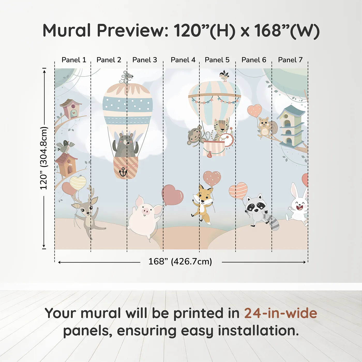 Whimsy Tots Animal Balloon Party Wall Muraldimension view (120" H x 168" W). Printed in seven 24-inch-wide panels. Gender-Neutral