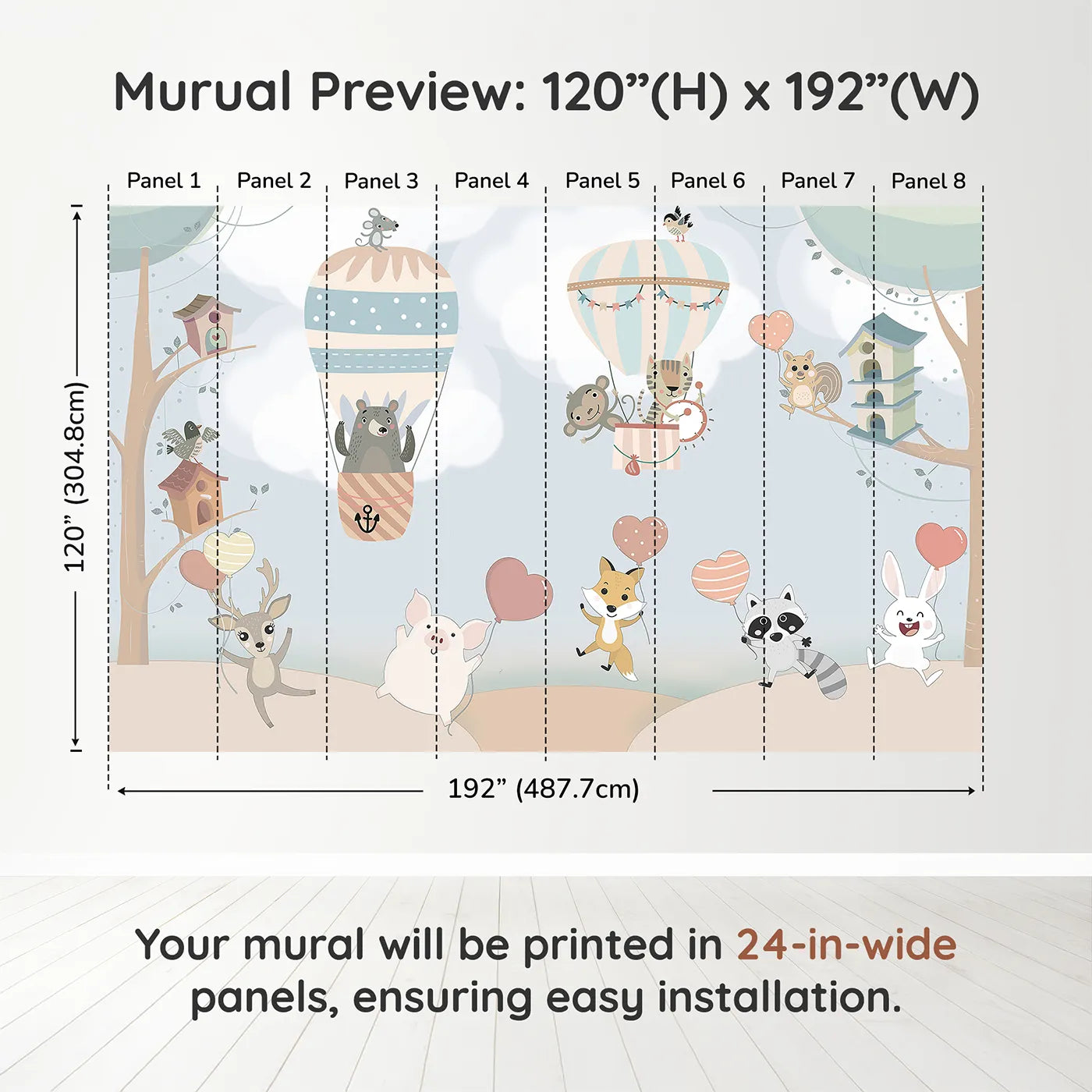 Whimsy Tots Animal Balloon Party Wall Muraldimension view (120" H x 192" W). Printed in eight 24-inch-wide panels. Gender-Neutral
