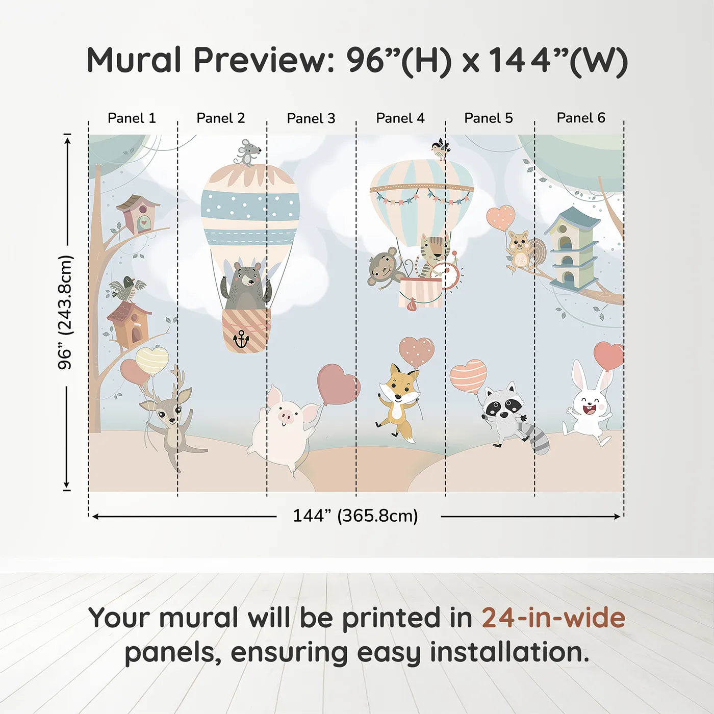 Whimsy Tots Animal Balloon Party Wall Muraldimension view (96" H x 144" W). Printed in six 24-inch-wide panels. Gender-Neutral