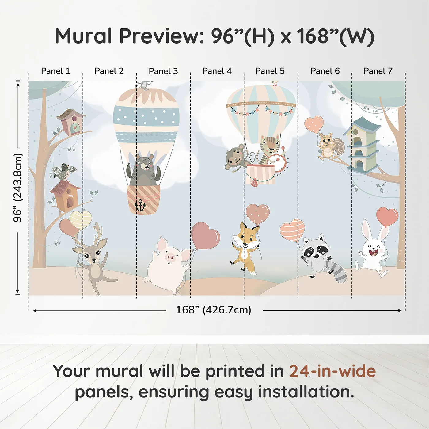 Whimsy Tots Animal Balloon Party Wall Muraldimension view (96" H x 168" W). Printed in seven 24-inch-wide panels. Gender-Neutral