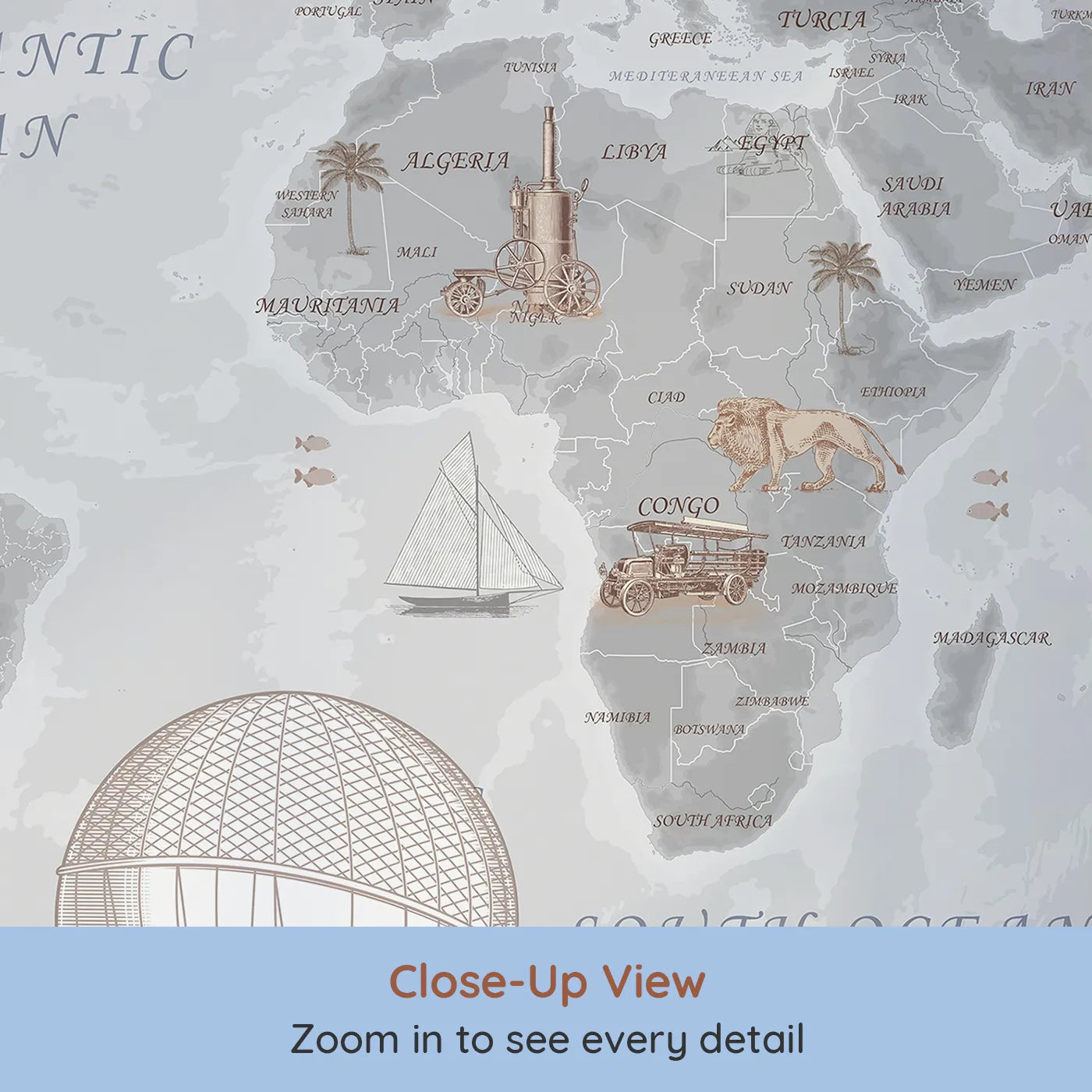 Close-up view of Whimsy Tots' Vintage Explorer's World Map Wall Mural (Turn Their Room into a Grand, Old-World Adventure).Gender-Neutral