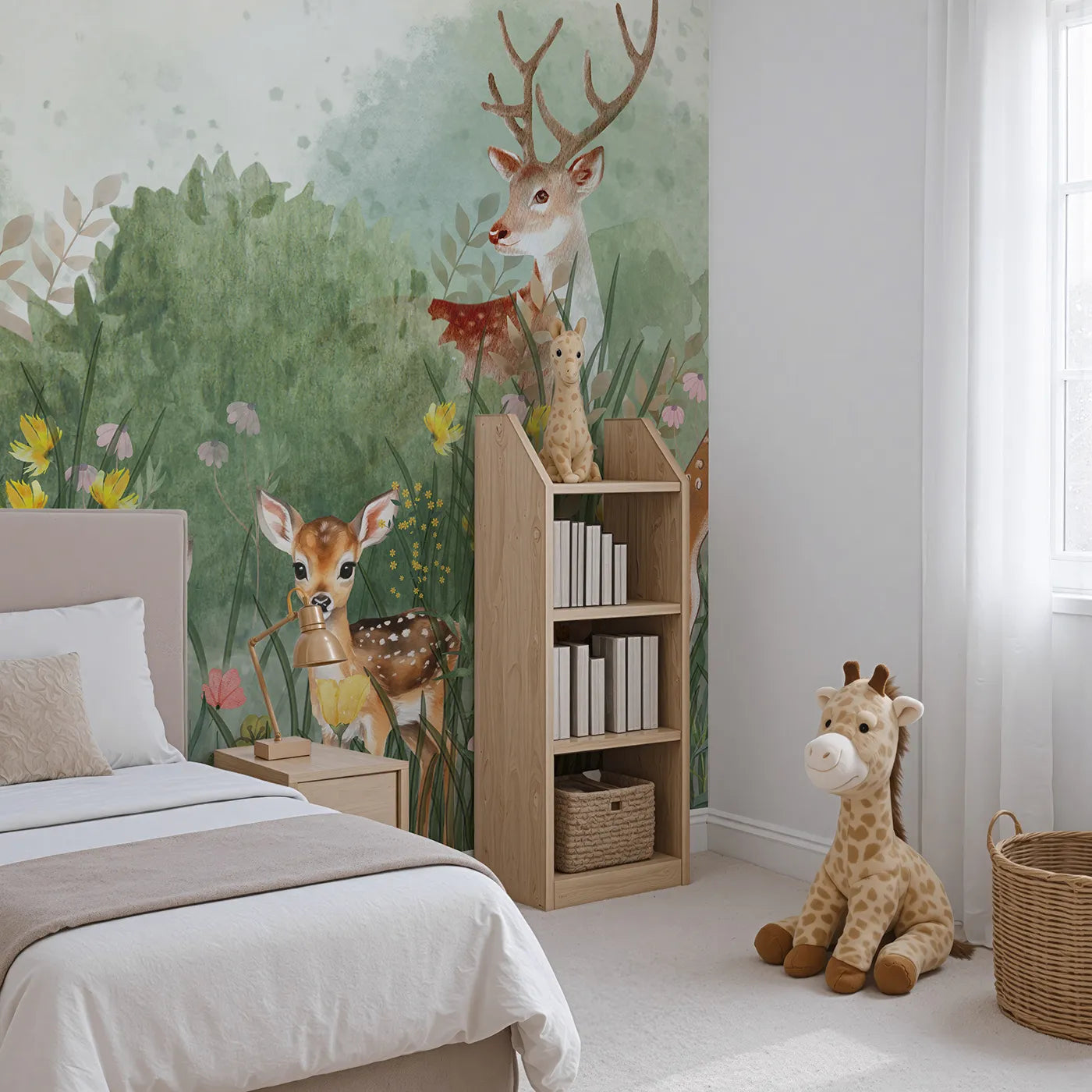 Angled view of Whimsy Tots' Deer Family Meadow Wall Mural (Turn Their Room into a Gentle, Sun-Drenched Forest Clearing).Gender-Neutral