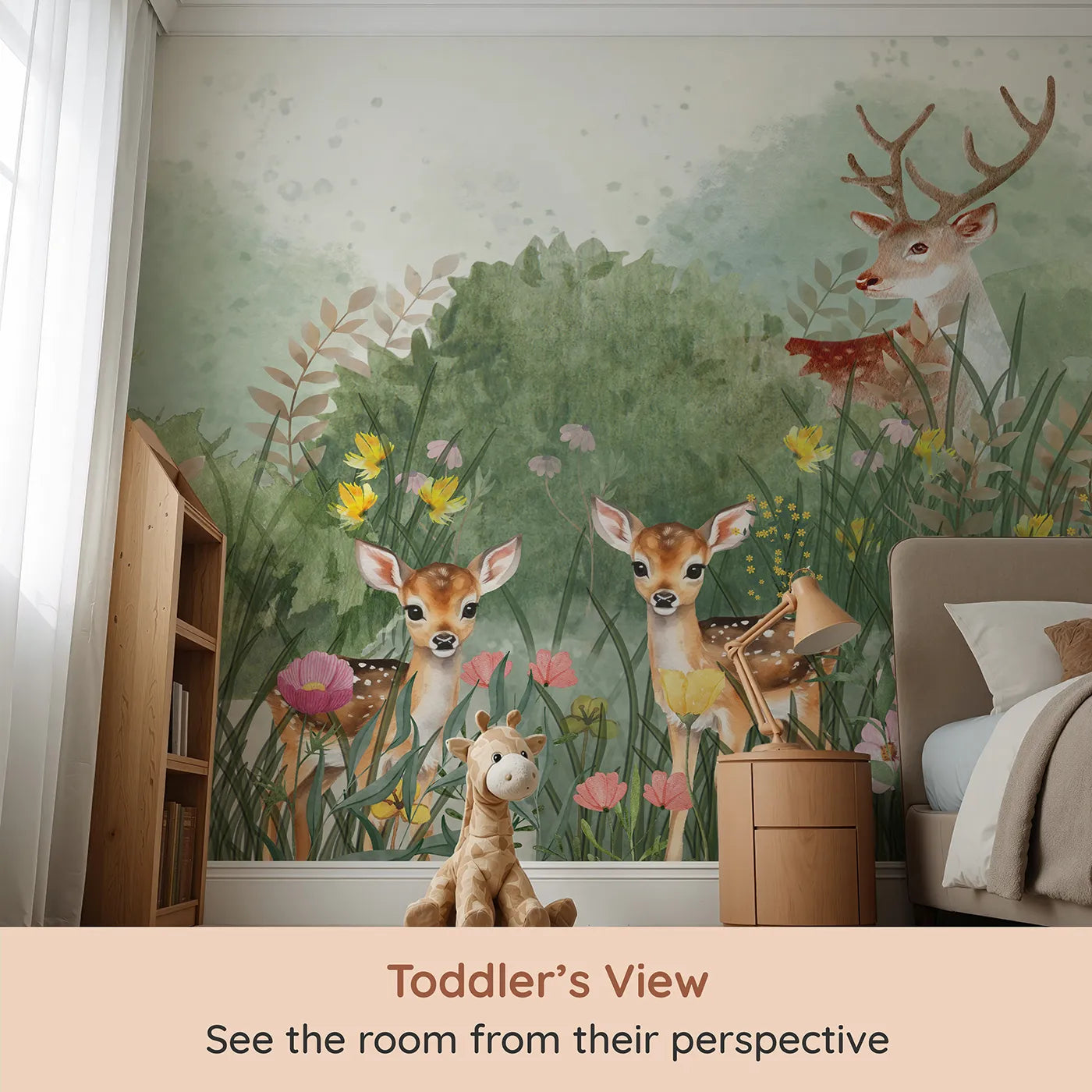 Whimsy Tots Deer Family Meadow Wall Mural (Turn Their Room into a Gentle, Sun-Drenched Forest Clearing) from your child's view.Gender-Neutral