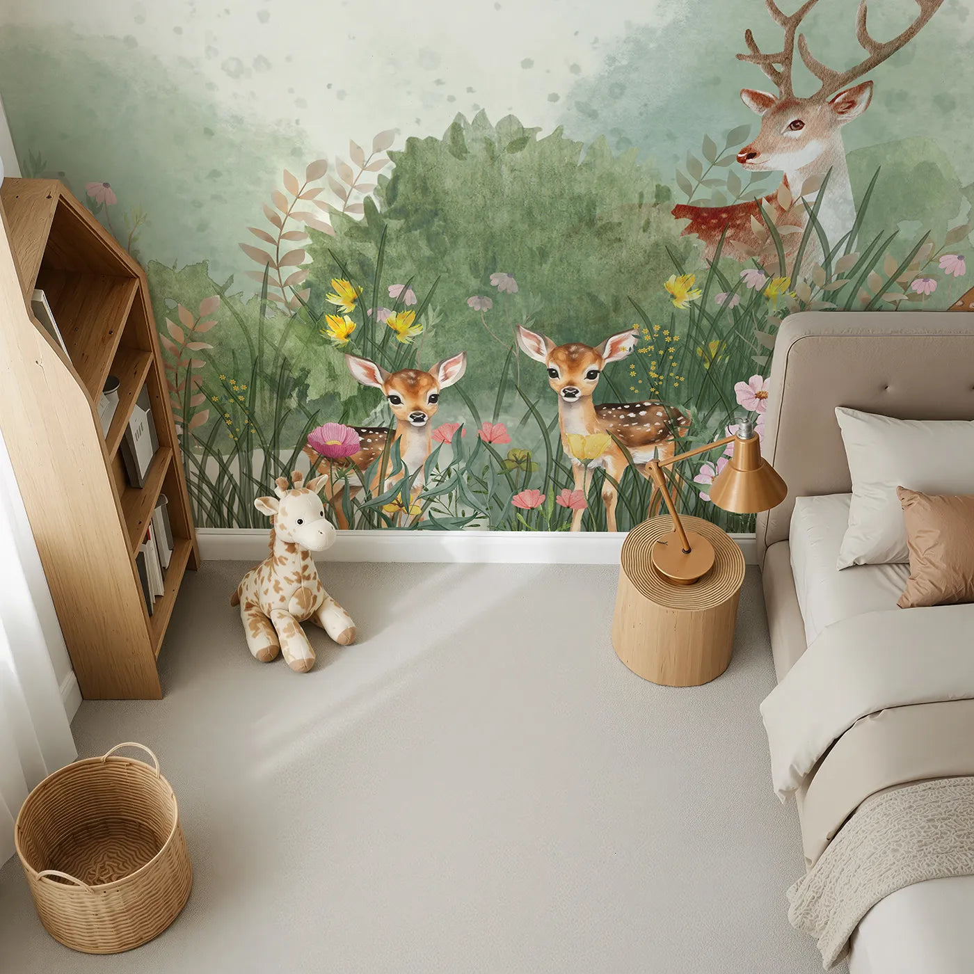 Top-down view of Whimsy Tots' Deer Family Meadow Wall Mural (Turn Their Room into a Gentle, Sun-Drenched Forest Clearing).Gender-Neutral