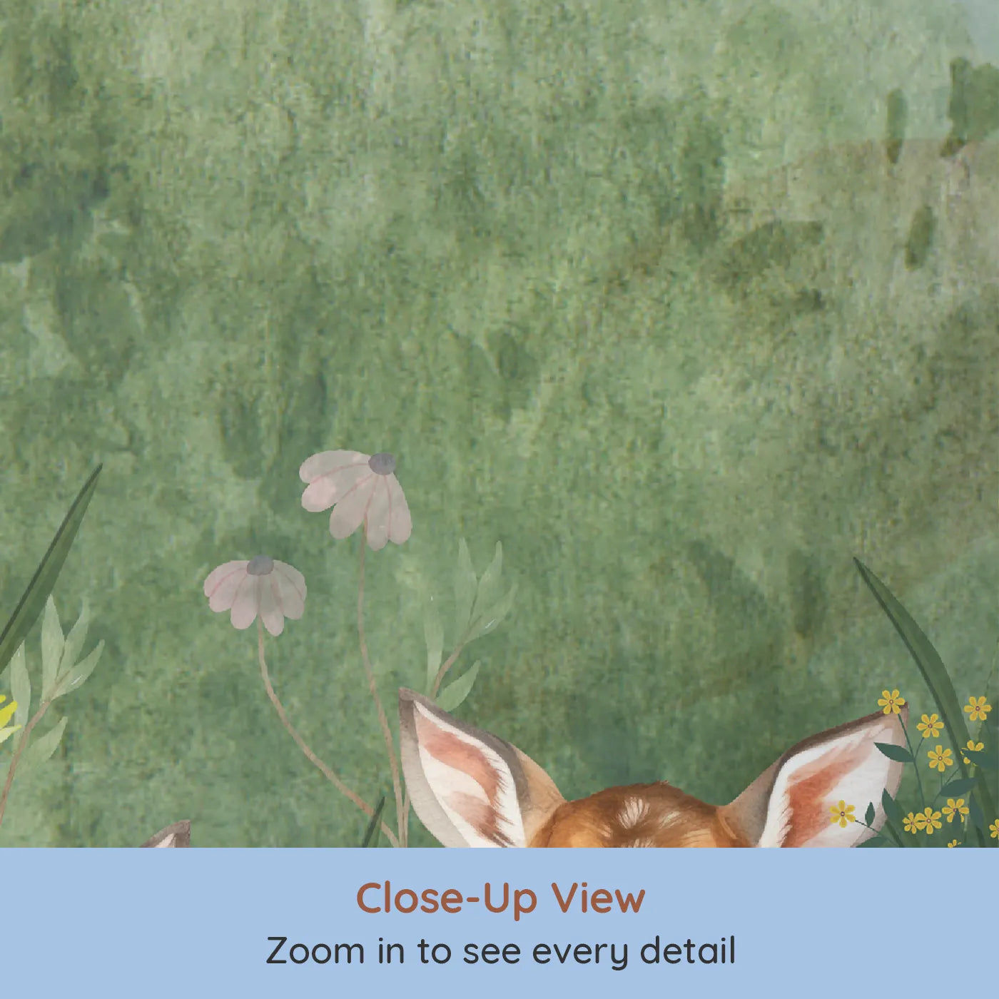Close-up view of Whimsy Tots' Deer Family Meadow Wall Mural (Turn Their Room into a Gentle, Sun-Drenched Forest Clearing).Gender-Neutral