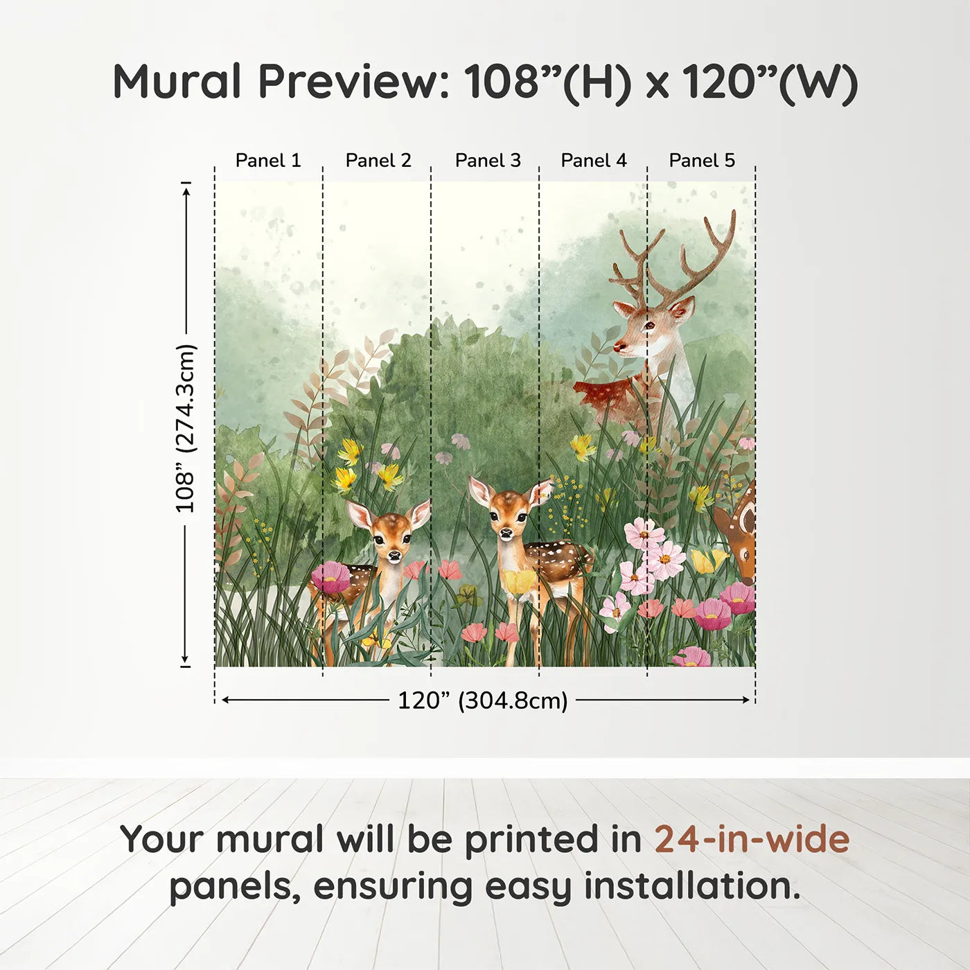 Whimsy Tots Deer Family Meadow Wall Muraldimension view (108" H x 120" W). Printed in five 24-inch-wide panels. Gender-Neutral