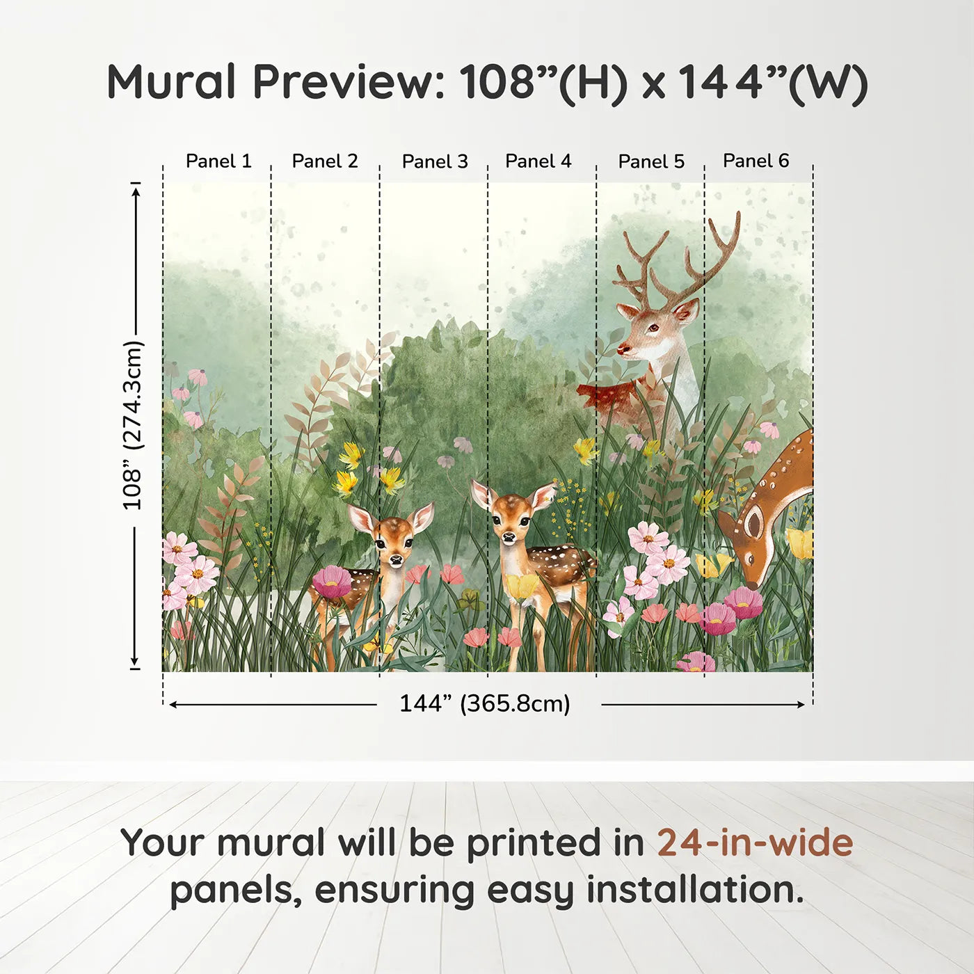 Whimsy Tots Deer Family Meadow Wall Muraldimension view (108" H x 144" W). Printed in six 24-inch-wide panels. Gender-Neutral