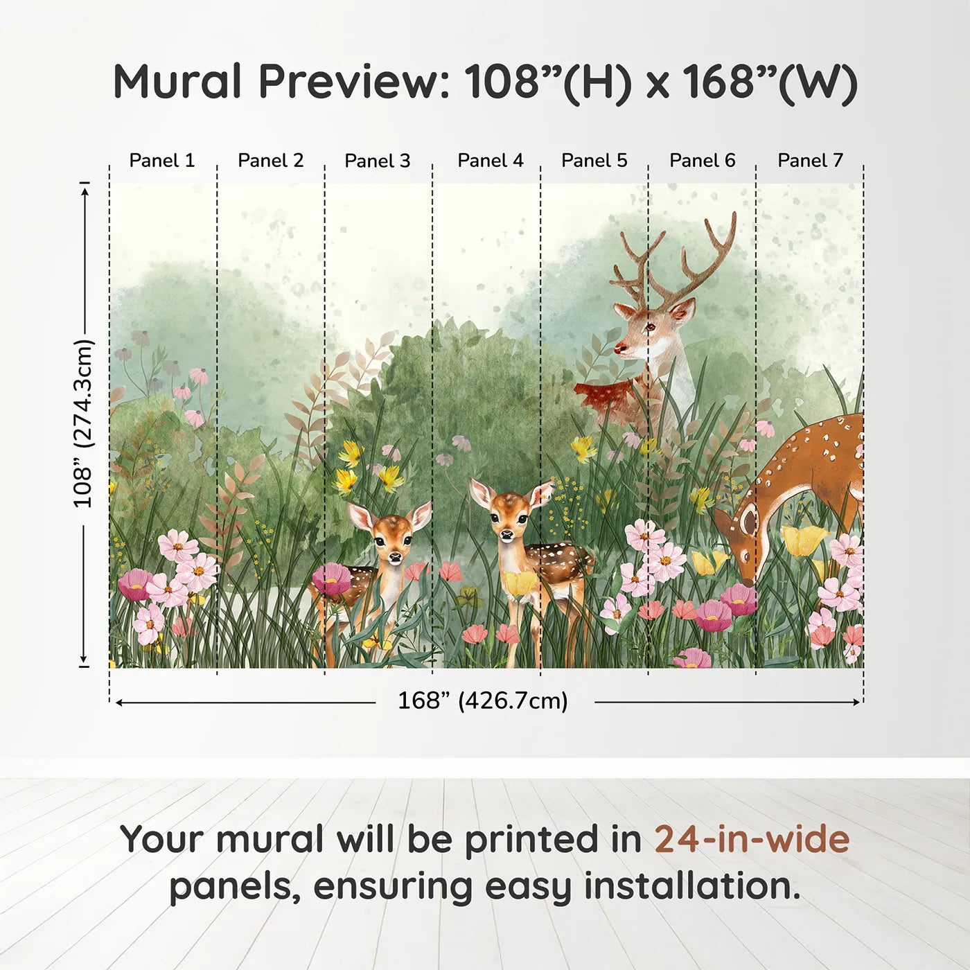 Whimsy Tots Deer Family Meadow Wall Muraldimension view (108" H x 168" W). Printed in seven 24-inch-wide panels. Gender-Neutral