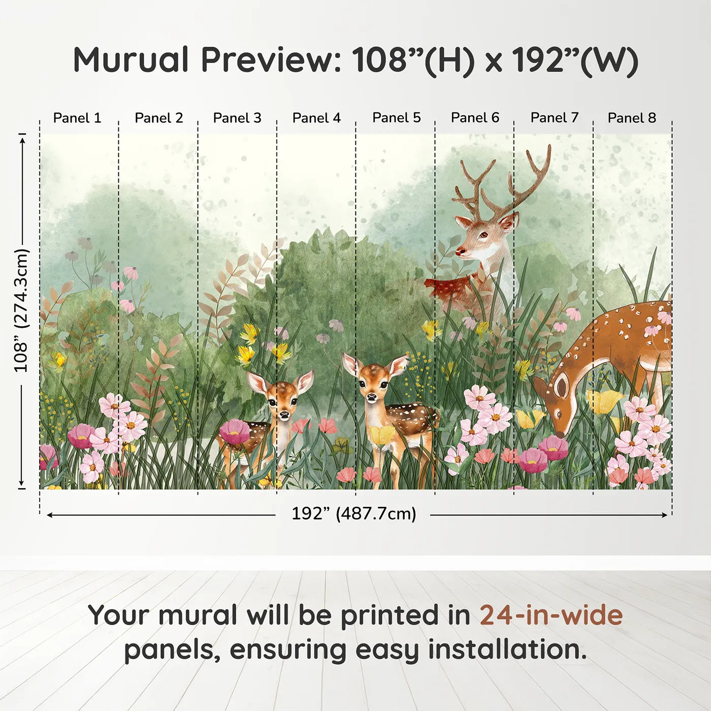 Whimsy Tots Deer Family Meadow Wall Muraldimension view (108" H x 192" W). Printed in eight 24-inch-wide panels. Gender-Neutral