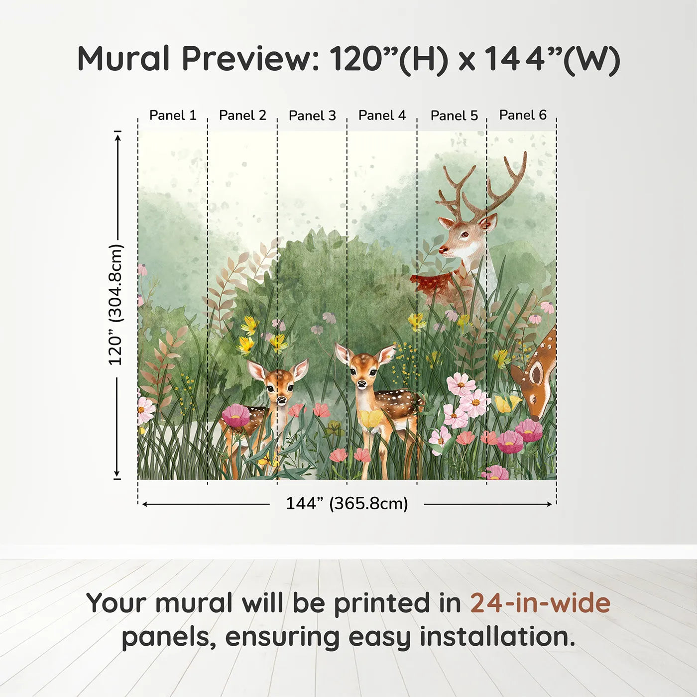 Whimsy Tots Deer Family Meadow Wall Muraldimension view (120" H x 144" W). Printed in six 24-inch-wide panels. Gender-Neutral