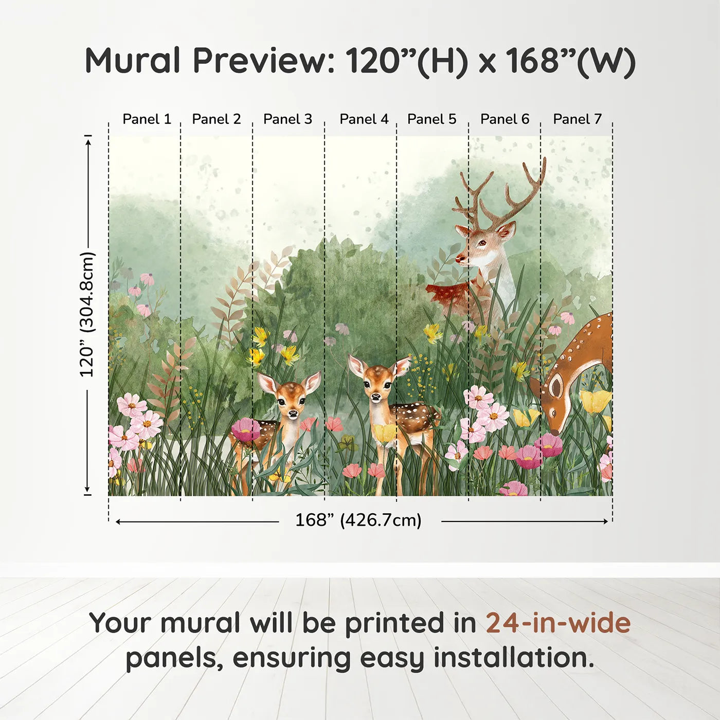 Whimsy Tots Deer Family Meadow Wall Muraldimension view (120" H x 168" W). Printed in seven 24-inch-wide panels. Gender-Neutral