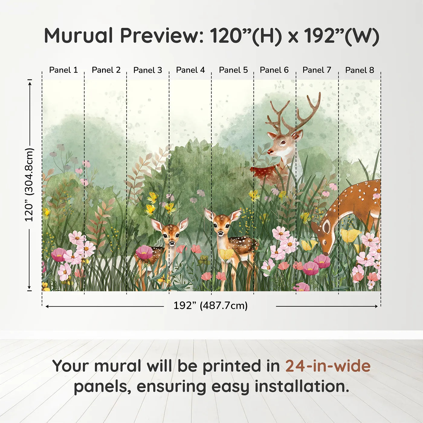 Whimsy Tots Deer Family Meadow Wall Muraldimension view (120" H x 192" W). Printed in eight 24-inch-wide panels. Gender-Neutral