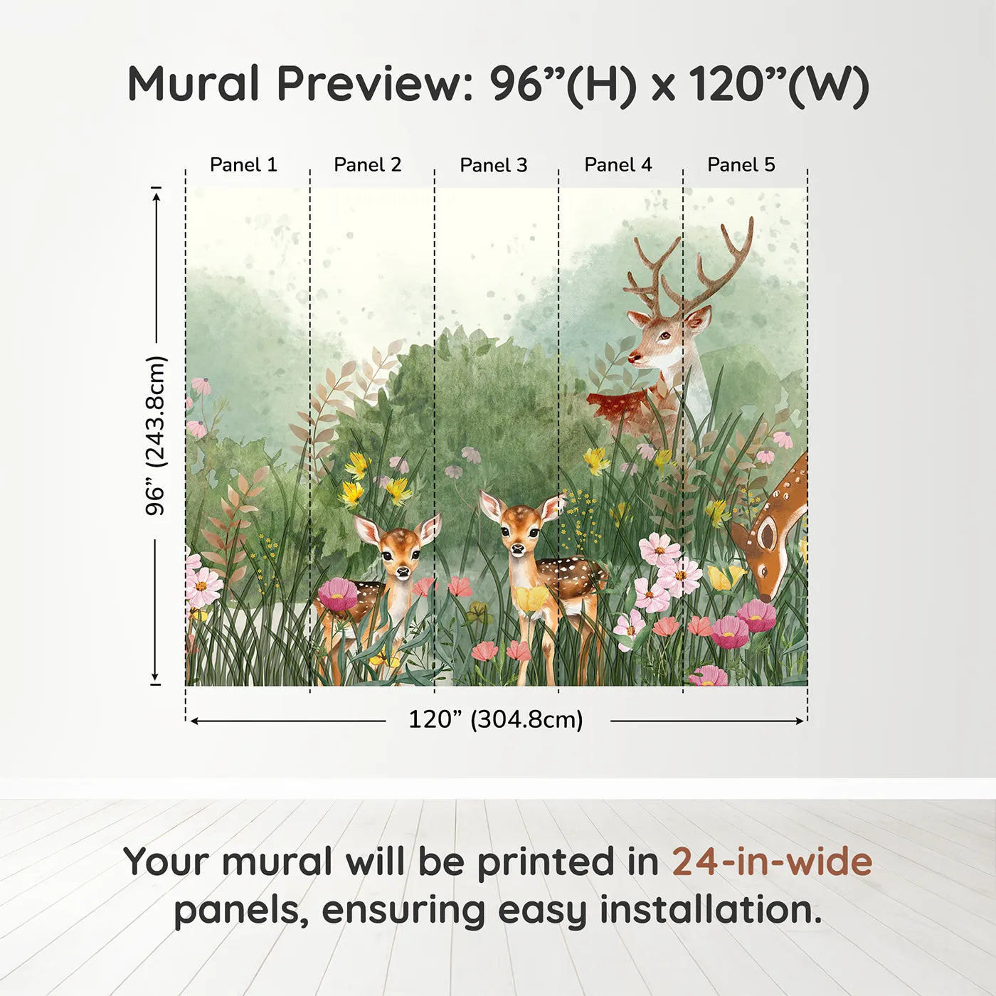 Whimsy Tots Deer Family Meadow Wall Muraldimension view (96" H x 120" W). Printed in five 24-inch-wide panels. Gender-Neutral