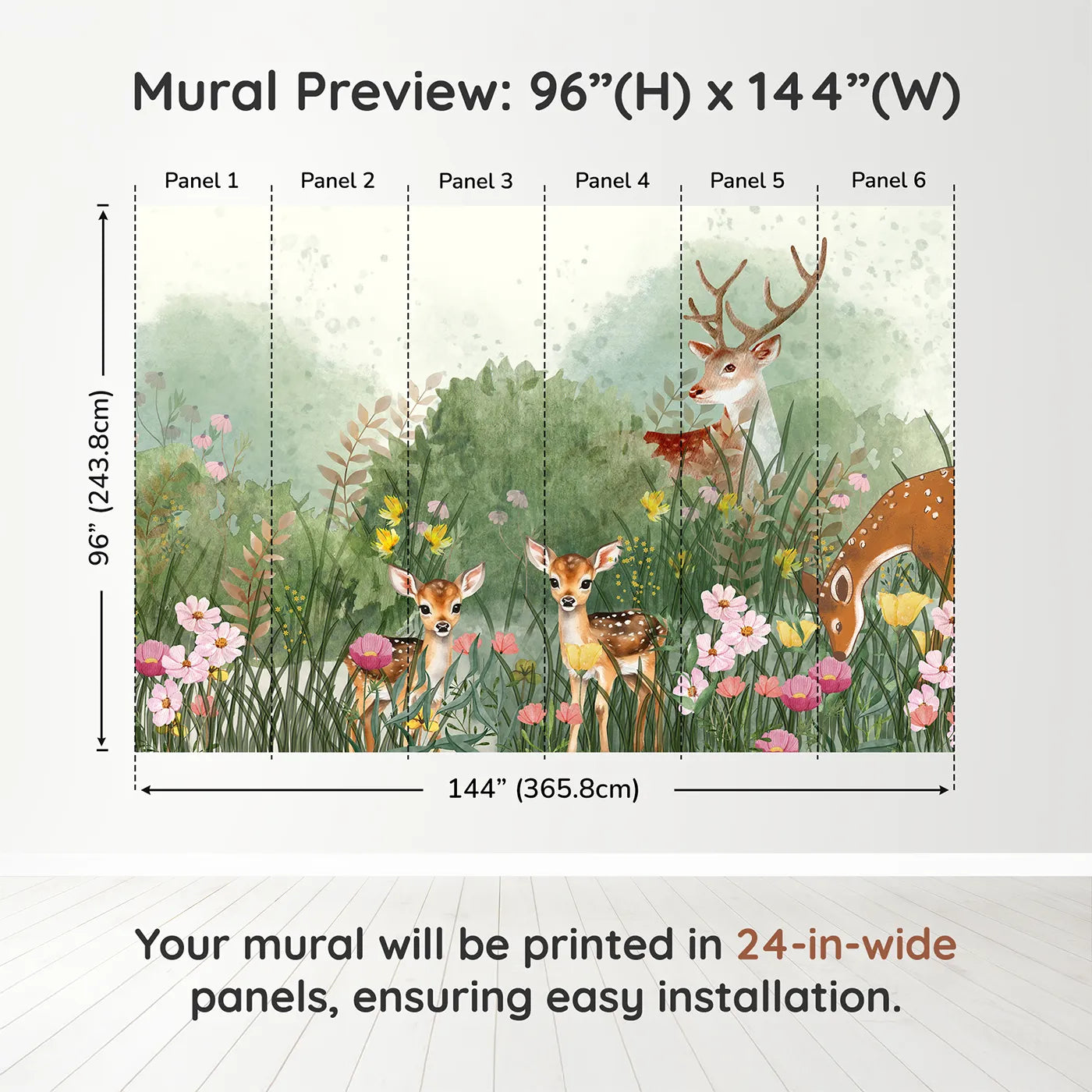 Whimsy Tots Deer Family Meadow Wall Muraldimension view (96" H x 144" W). Printed in six 24-inch-wide panels. Gender-Neutral