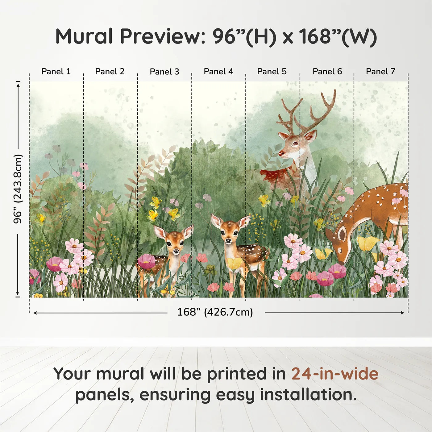 Whimsy Tots Deer Family Meadow Wall Muraldimension view (96" H x 168" W). Printed in seven 24-inch-wide panels. Gender-Neutral