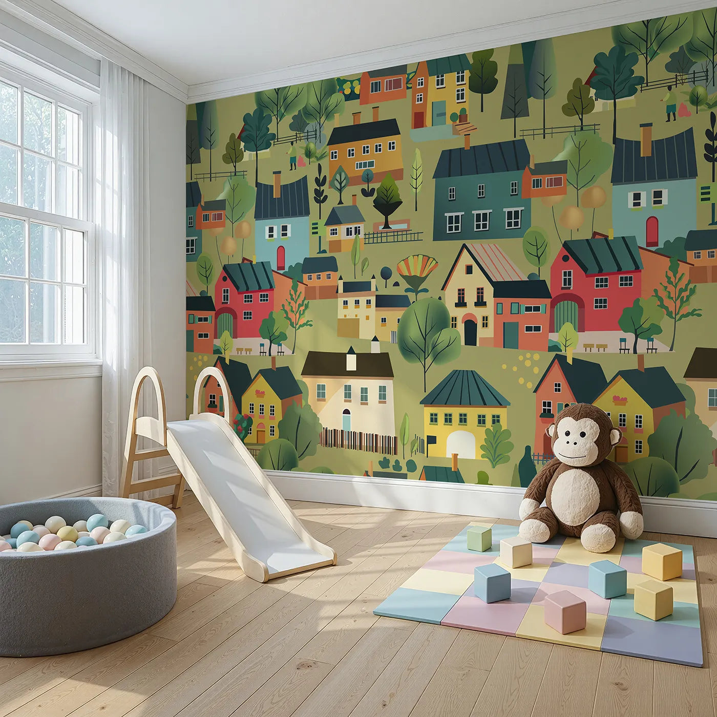 Angled view of Whimsy Tots' Colorful Village Wall Mural (Turn Their Room into a Cozy, Bustling European Town).Gender-Neutral