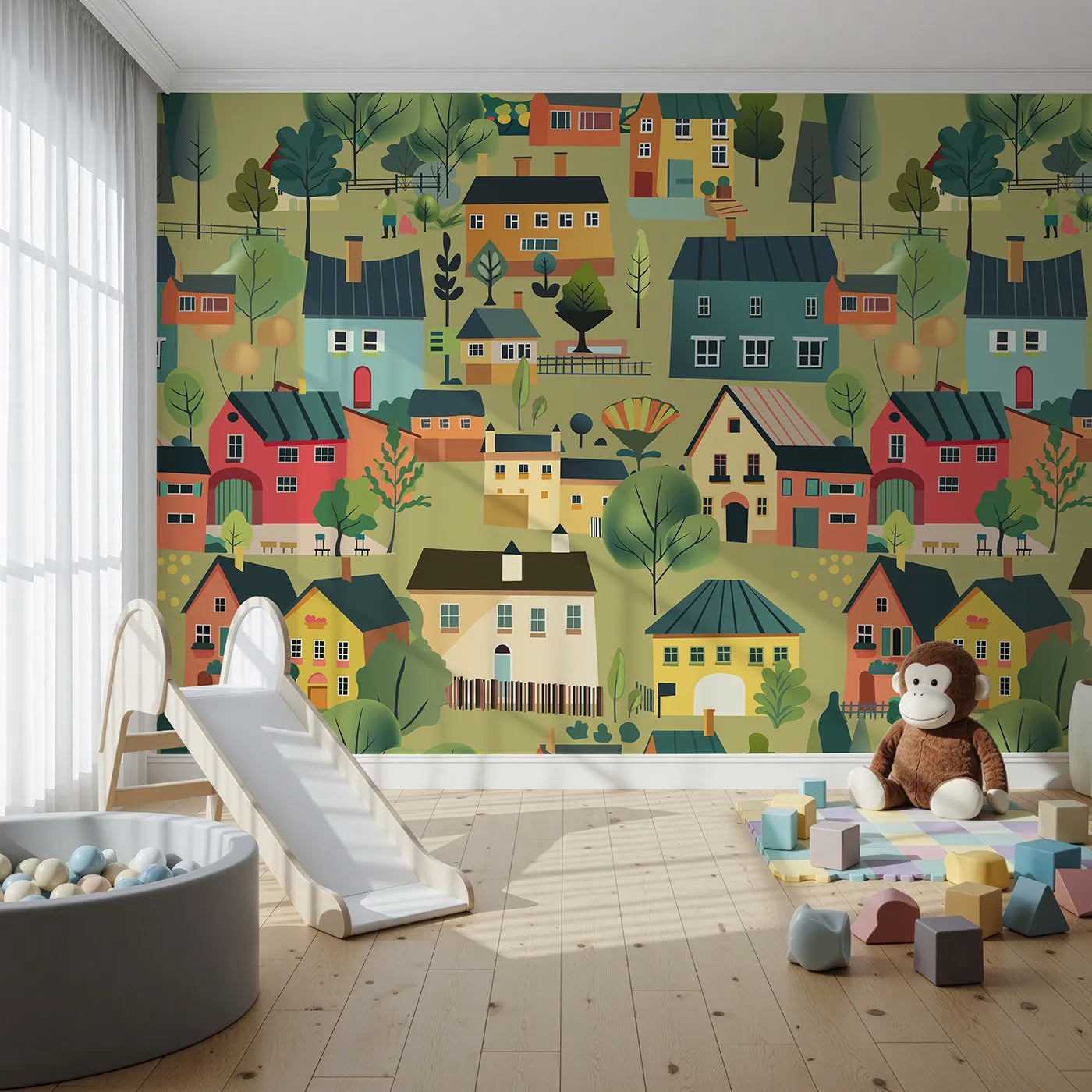 Front view of Whimsy Tots' Colorful Village Wall Mural