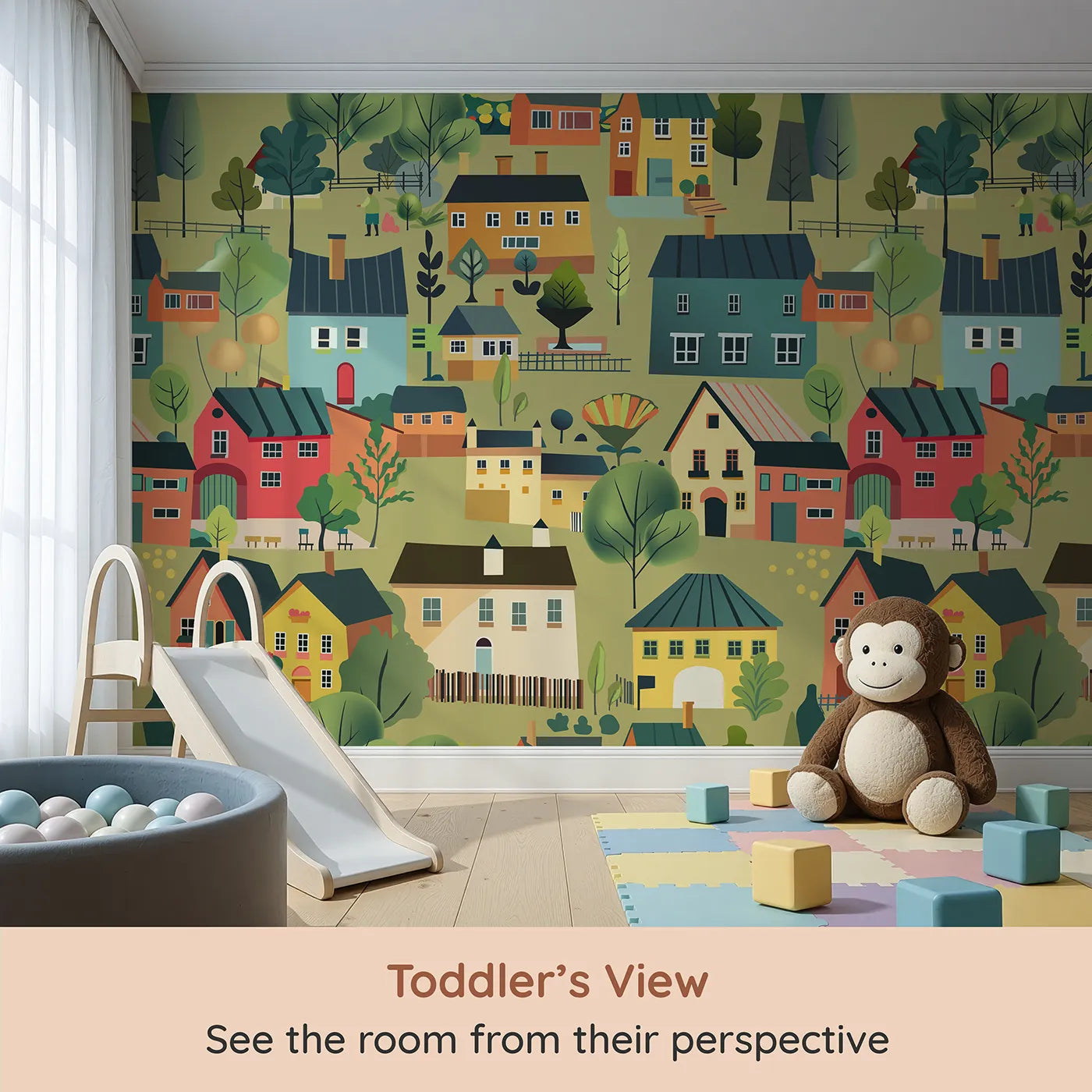 Whimsy Tots Colorful Village Wall Mural (Turn Their Room into a Cozy, Bustling European Town) from your child's view.Gender-Neutral